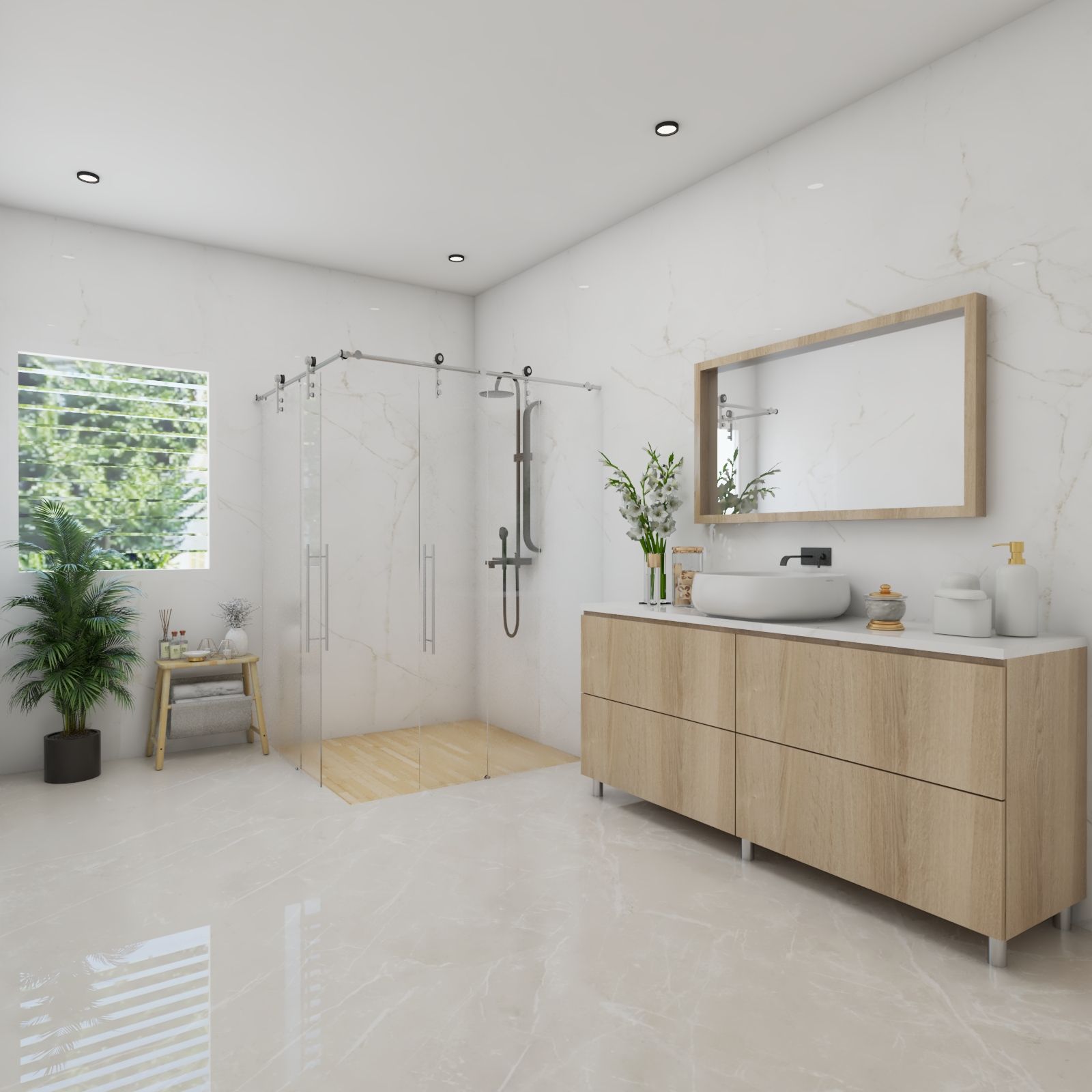 Cream And White Bathroom Design With Rectangular Mirror | Livspace