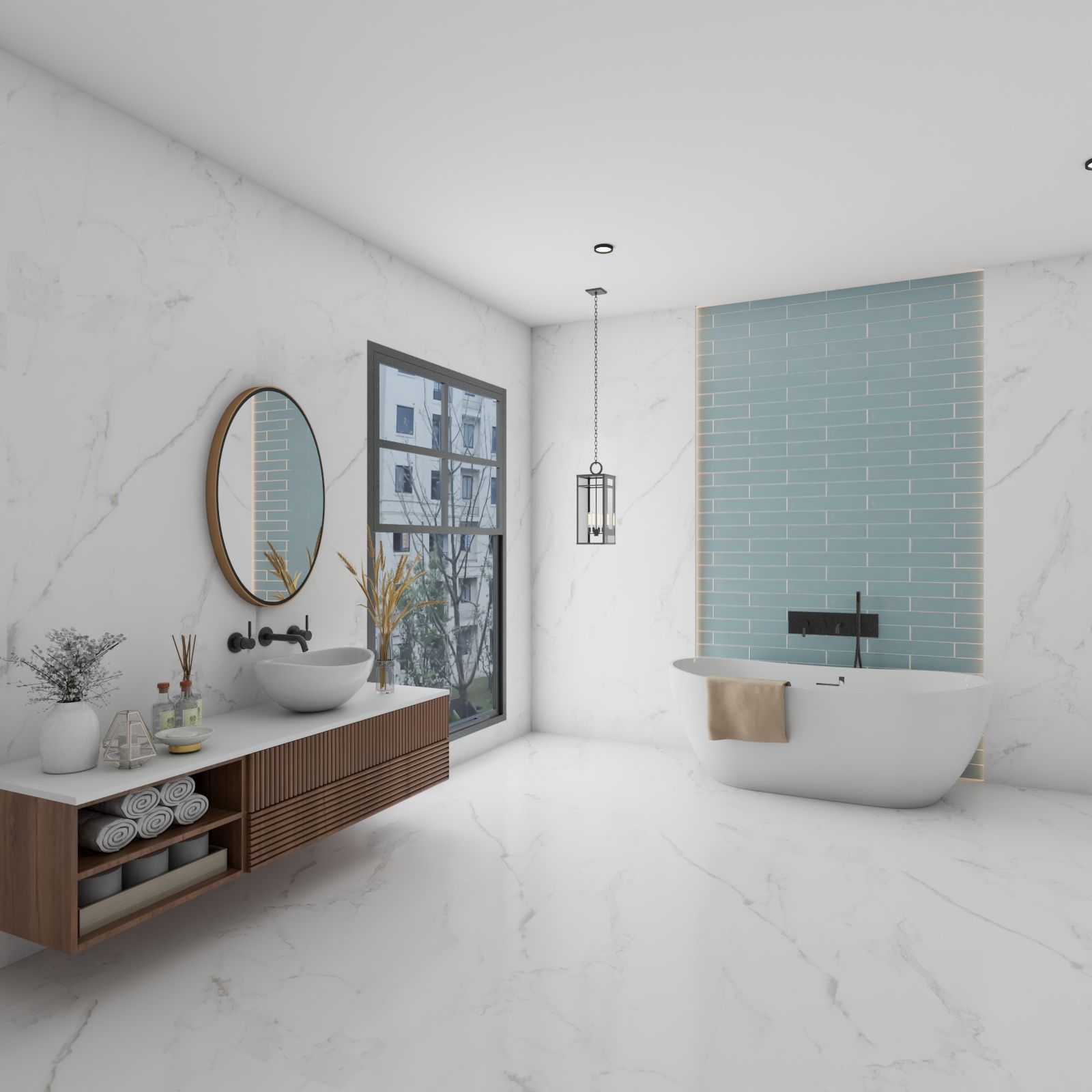 White And Sea Blue Bathroom Design With Round Mirror Livspace