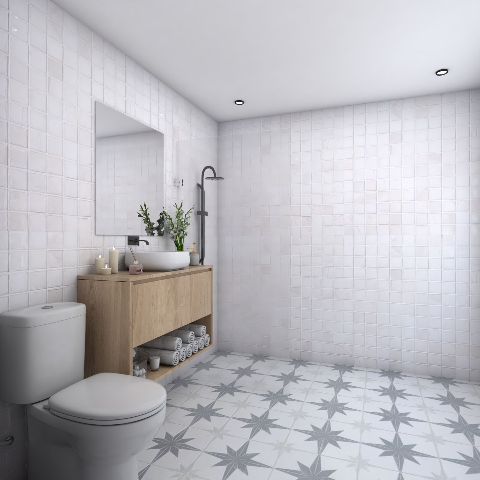 White And Grey Contemporary Moroccan Star Toilet Floor Tiles