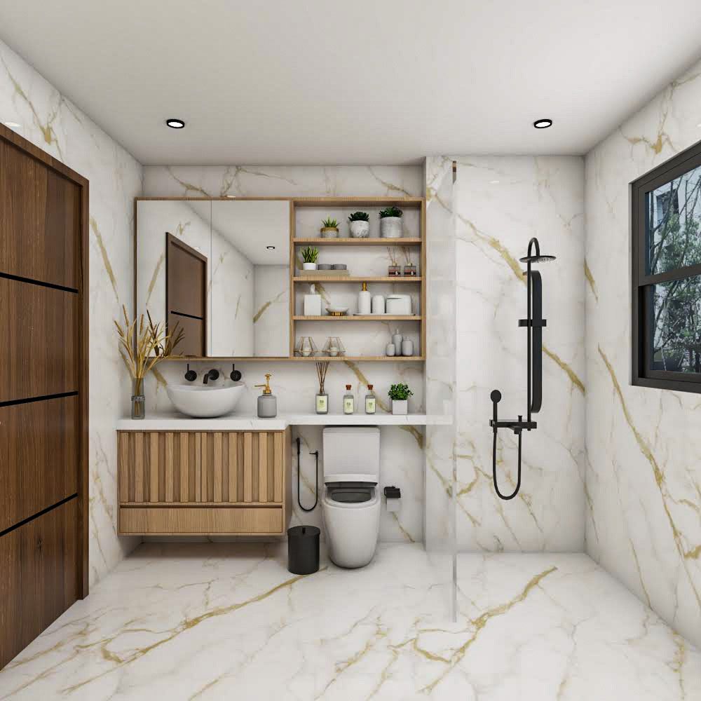 Modern White And Gold Marble Toilet Floor Tiles With Wooden Interior Design Elements