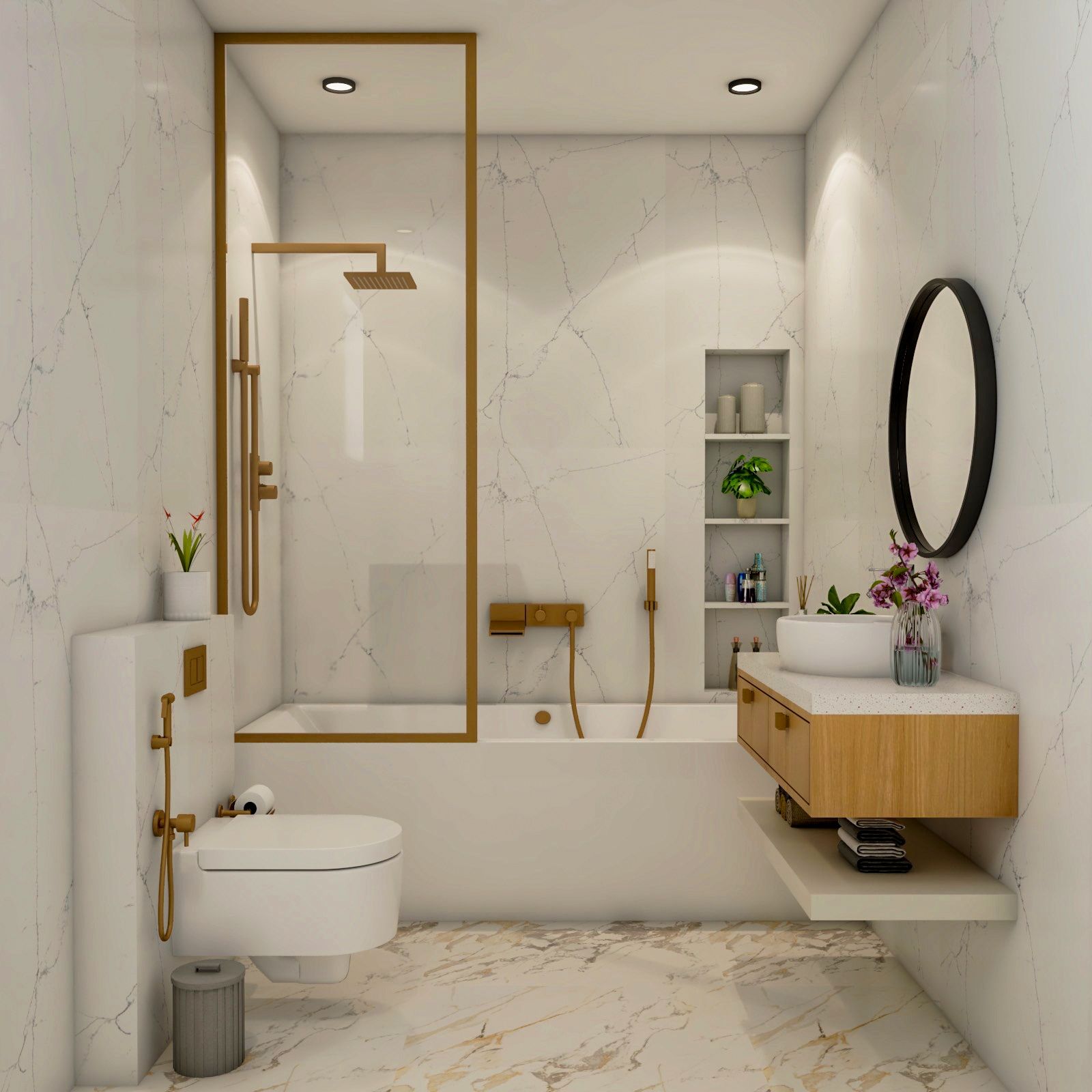 Cream Toned Bathroom Design With Brass Fittings Livspace