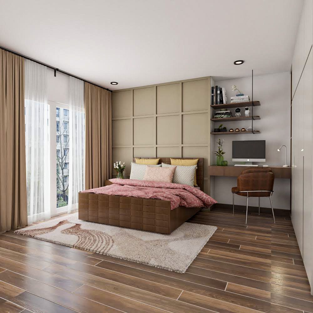 Contemporary Master Bedroom Design With Wooden Bed And Beige Boxed Accent Wall