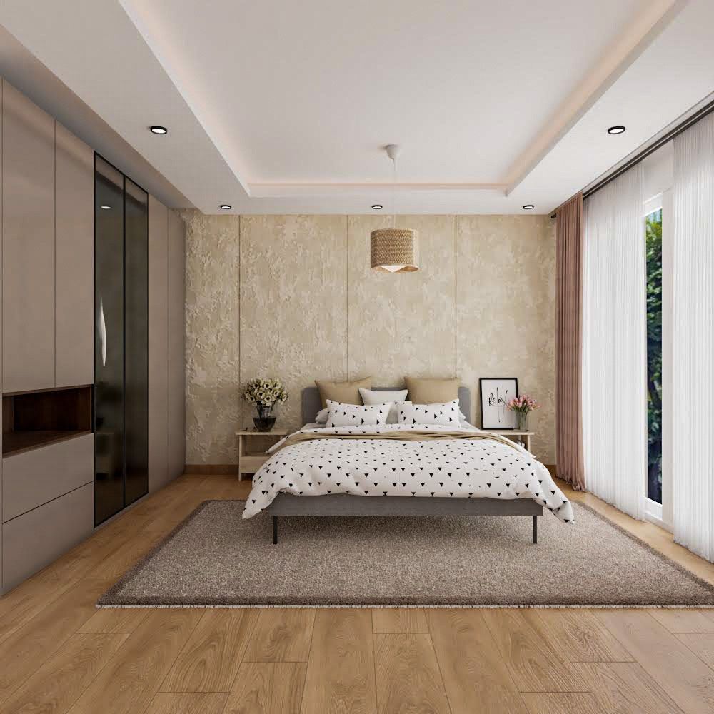 Modern Master Bedroom Design With Brown And Black Sliding Wardrobe