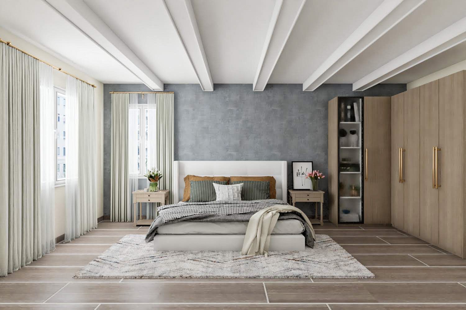 Modern Master Bedroom Design With L Shaped Wooden Wardrobe And Grey Accent Wall