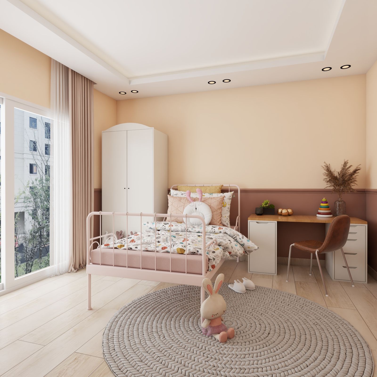 Contemporary Kids Room Design With Dual-Toned Beige And Brown Accent Walls