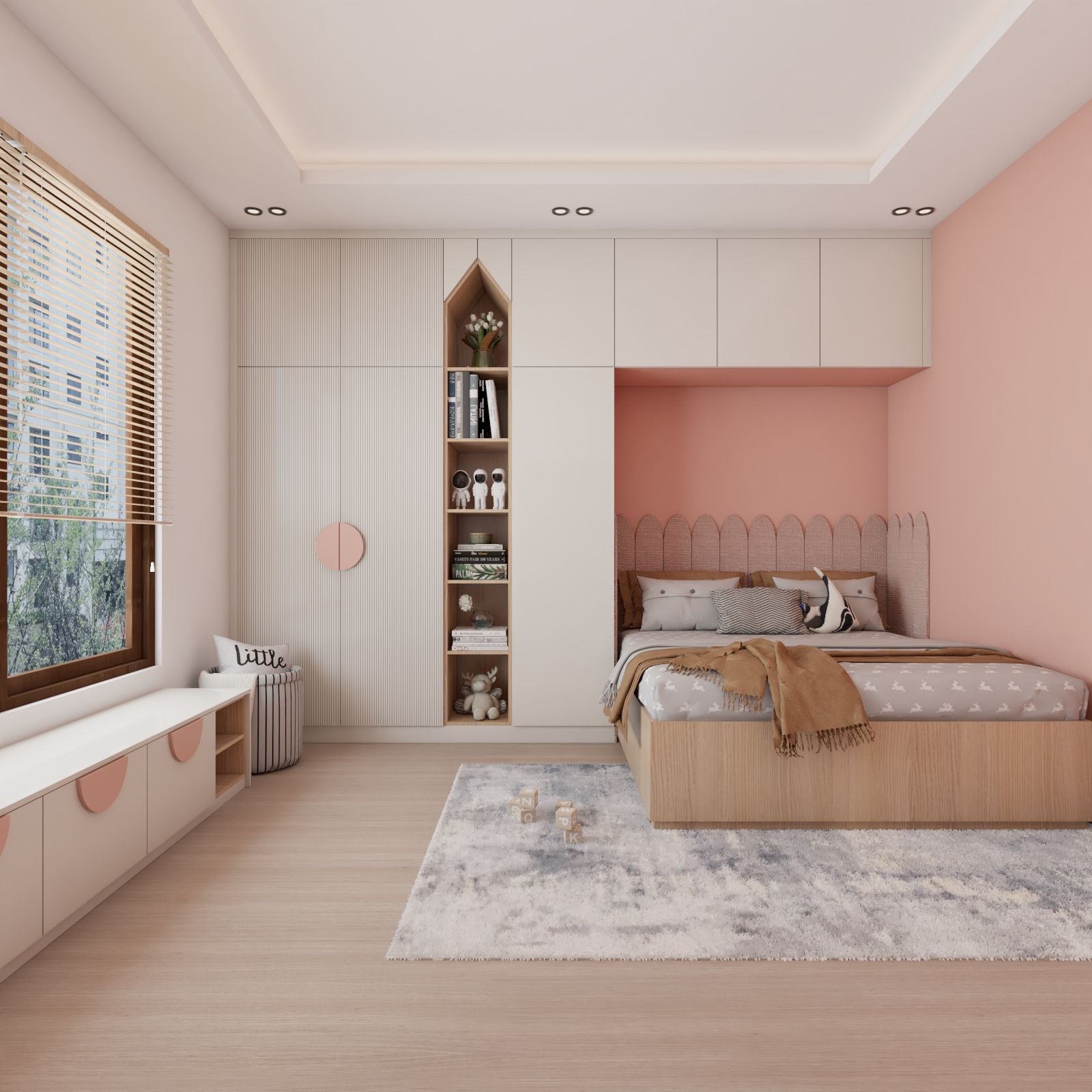 Contemporary Peach And White Kids Room Design With 3-Door Swing Wardrobe