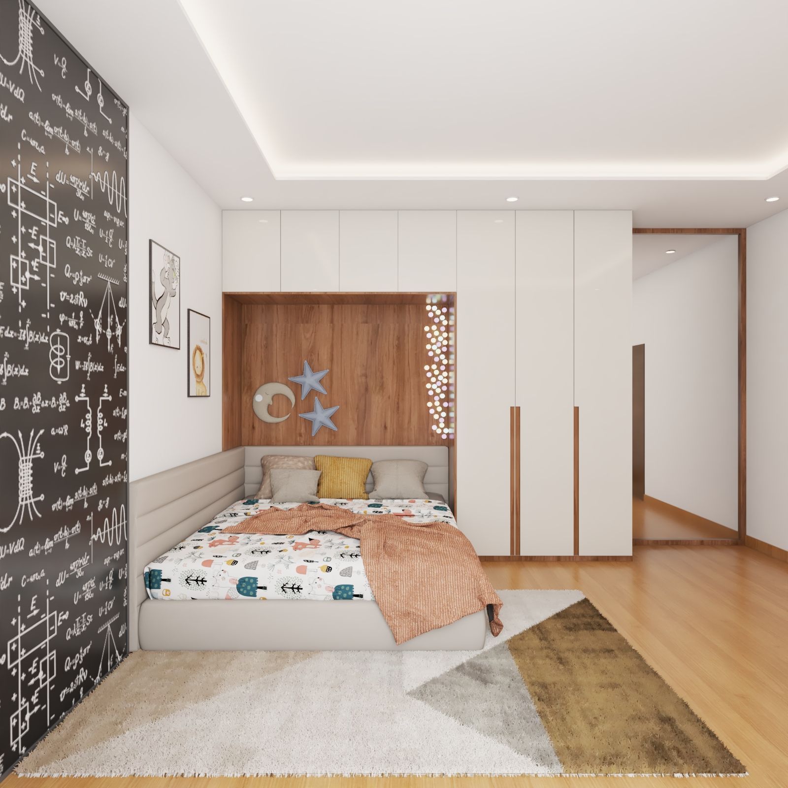Scandinavian White And Wood Kids Room Design With Science-Themed Wallpaper