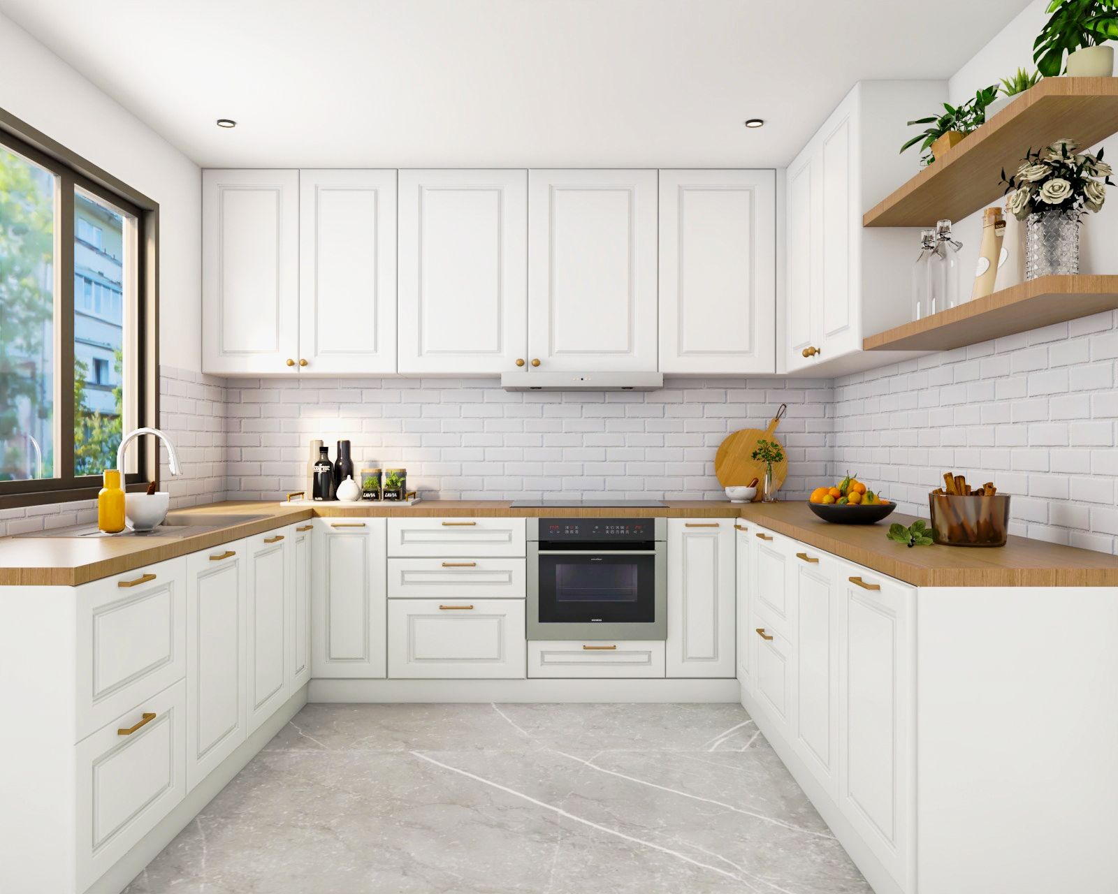 Contemporary White Kitchen Tile Design With Rectangular Glossy Ceramic Tiles