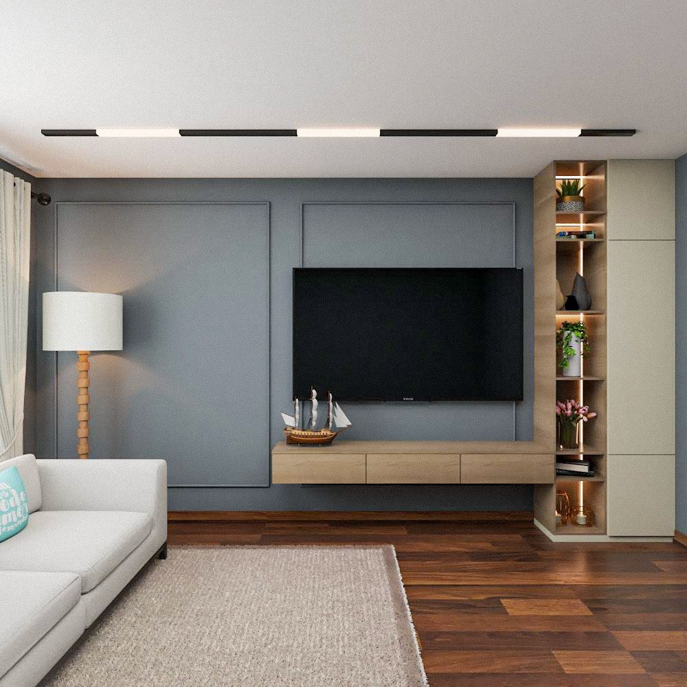 Contemporary Grey And Wood TV Unit Design With Wall Trims