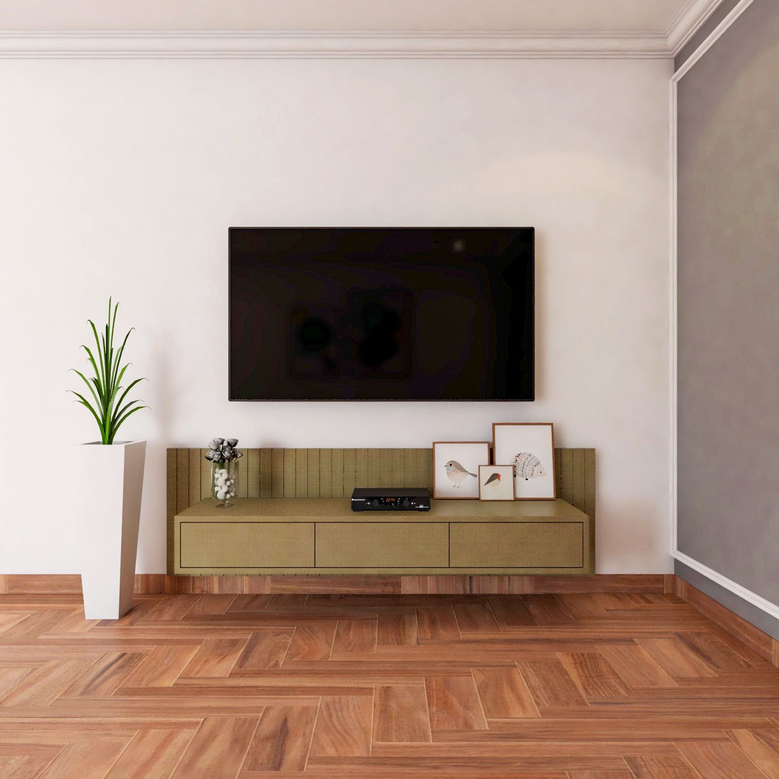 Brown TV Unit Design With Wooden Back Panel Livspace