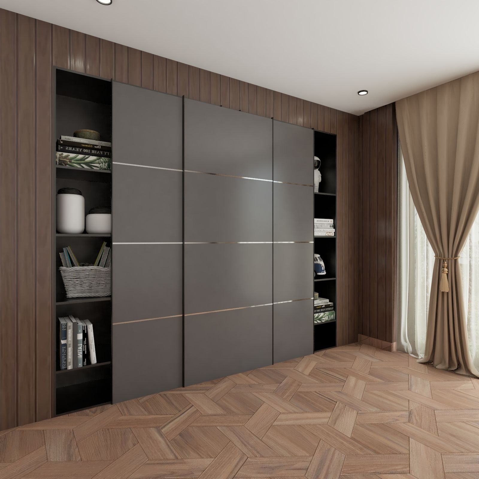 Contemporary Grey 3-Door Sliding Wardrobe Design