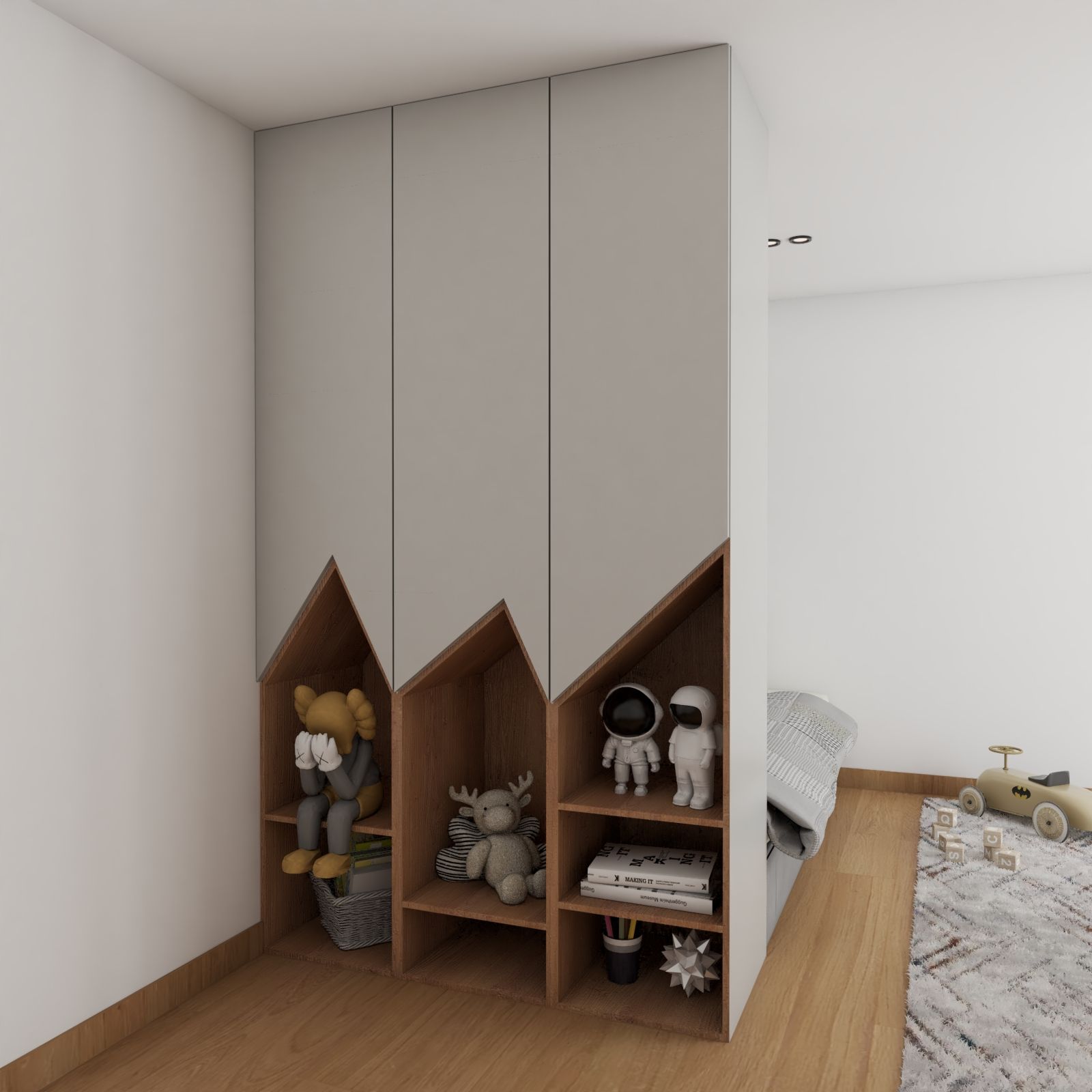 Modern Light Grey And Brown 3-Door Swing Wardrobe Design With Open Storage