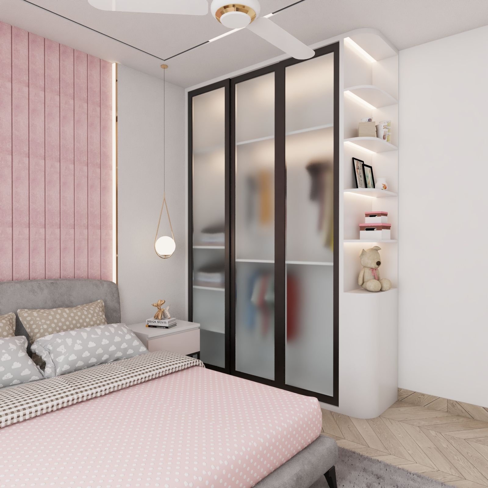 Modern 3-Door Swing Wardrobe Design With Open Glass Cabinets