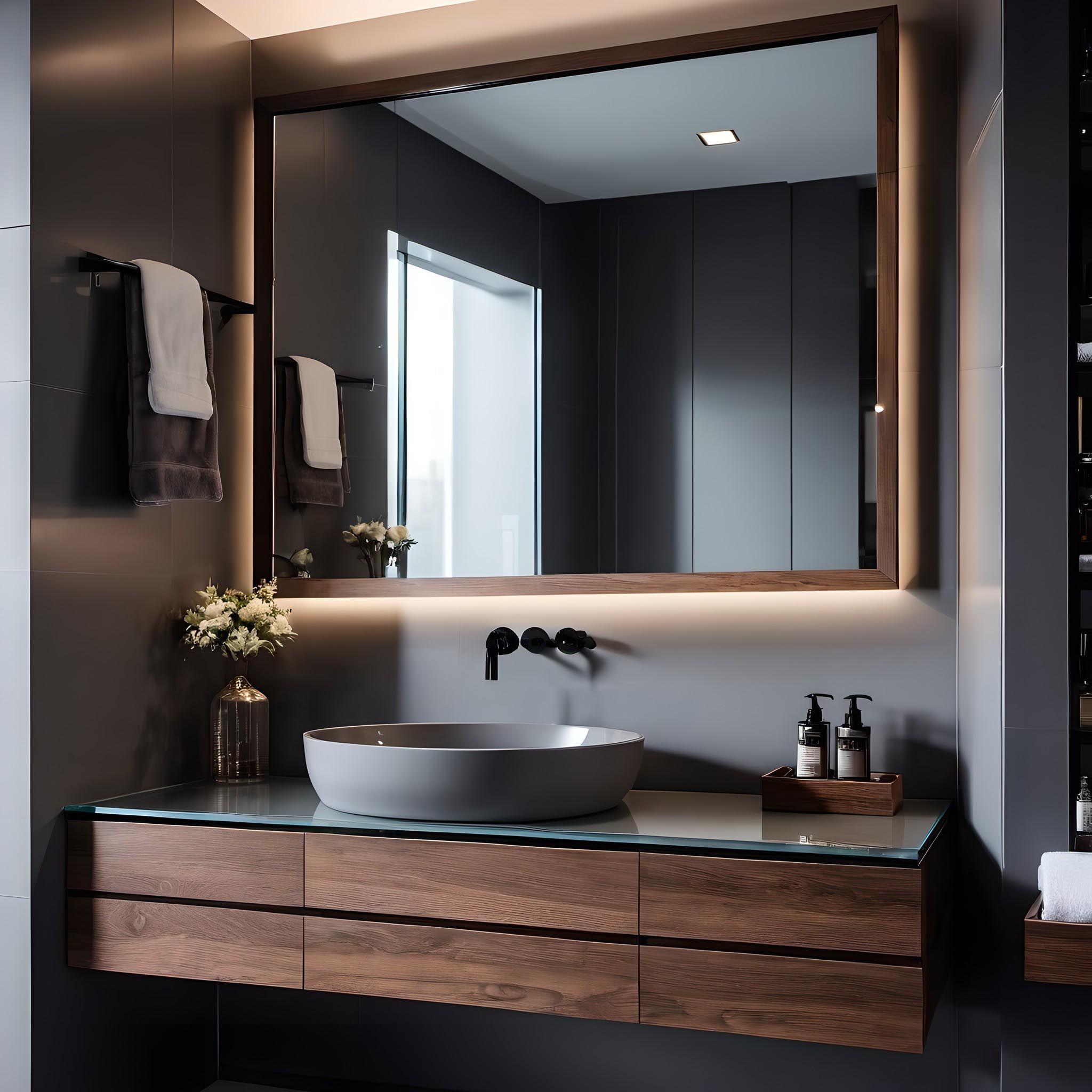 Backlit Mirror & Dark Grey Tiles: Modern Bathroom Design with Drawer ...