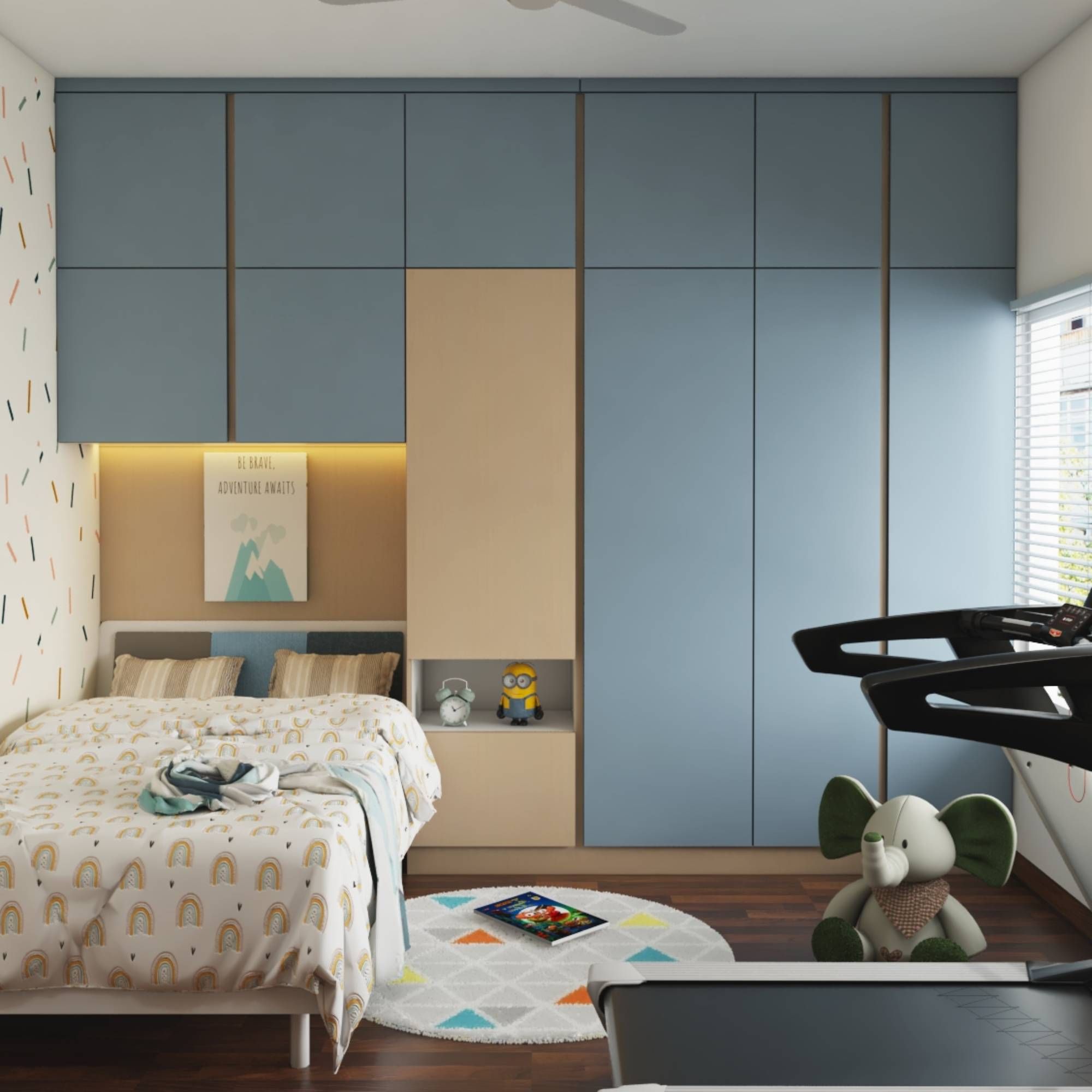 Modern 3-Door Swing Wardrobe Design In Blue And Beige