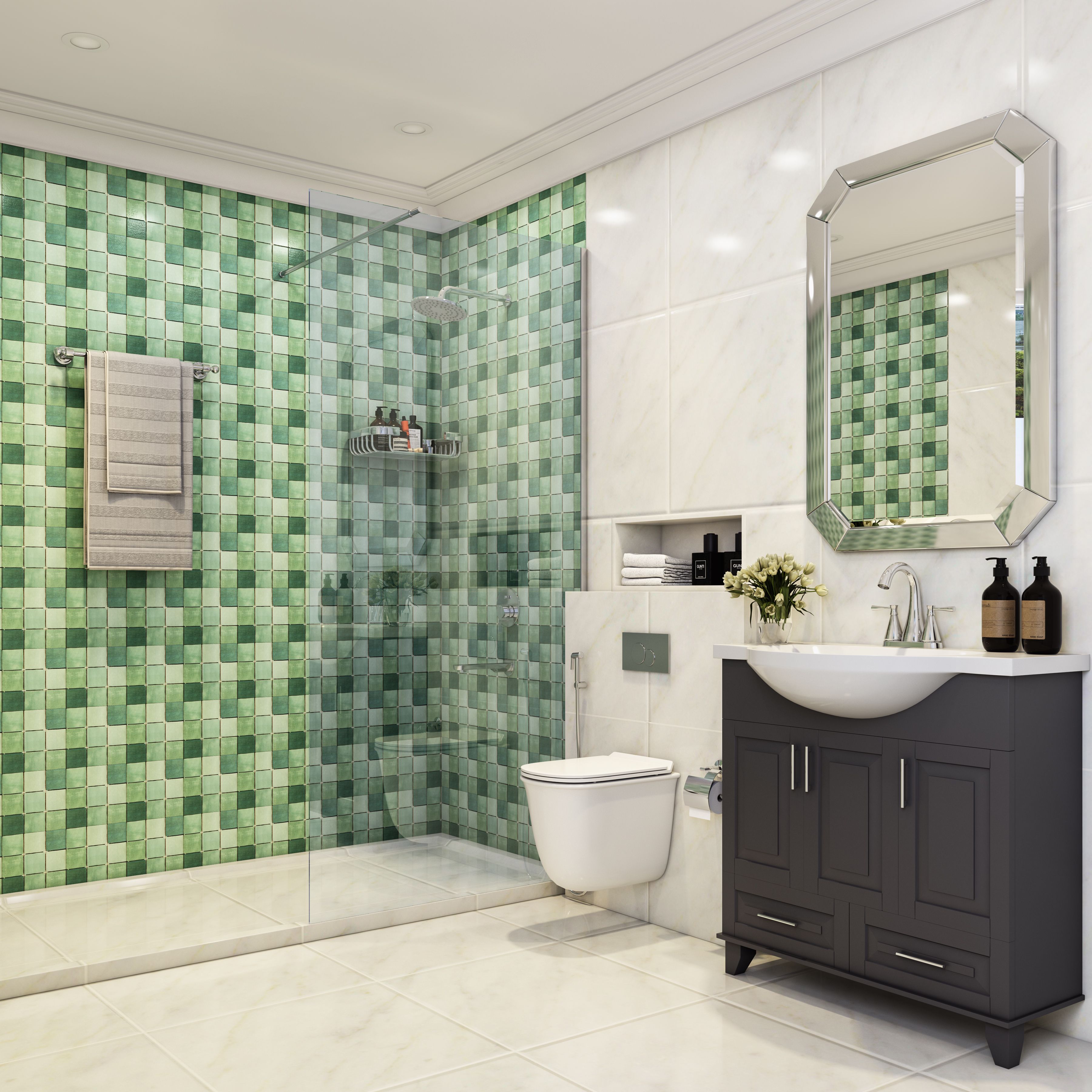 Contemporary Compact Storage Convenient Mosaic Tiles Bathroom | Livspace