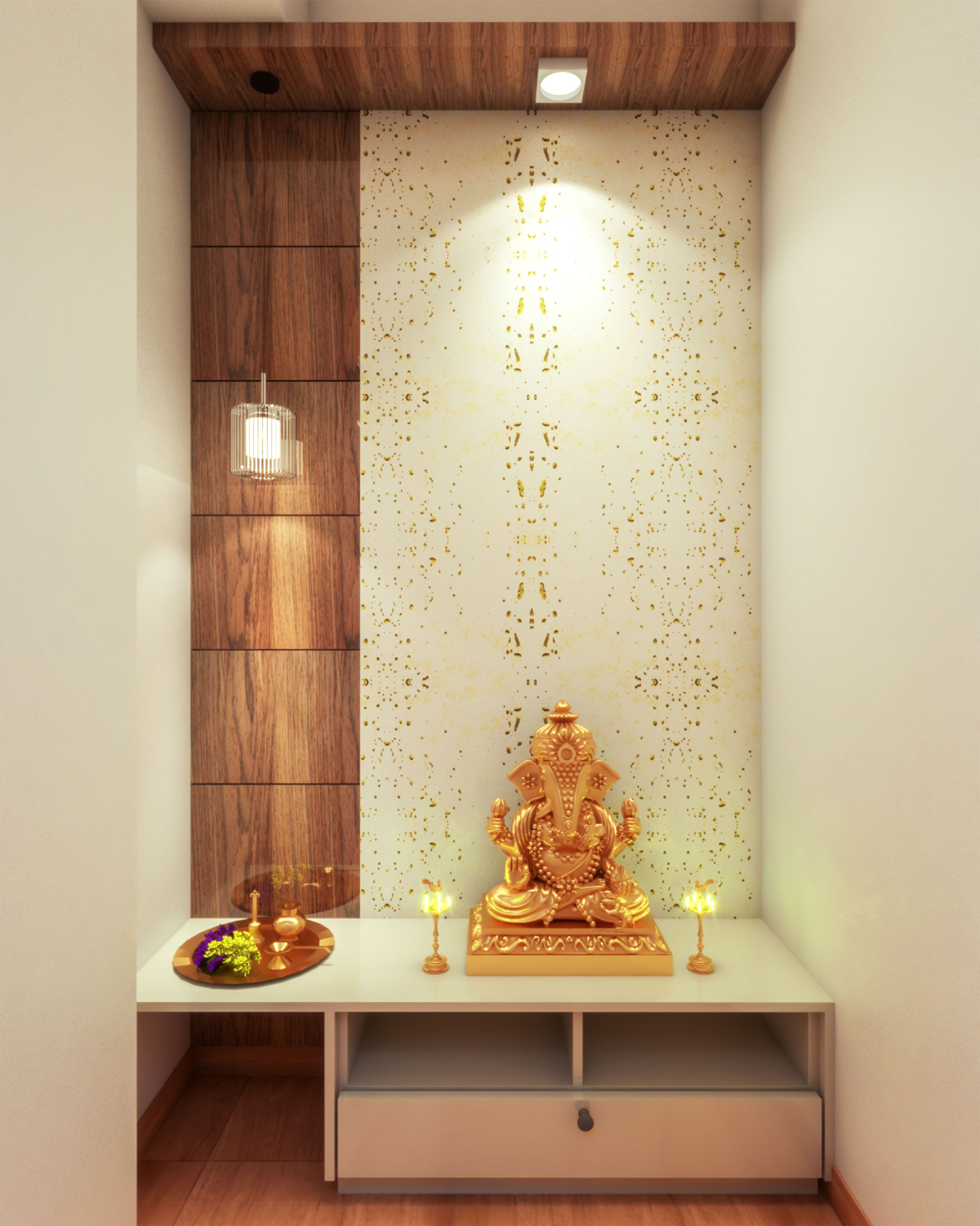 Classic Pooja Room With Unique Wall Paper | Livspace