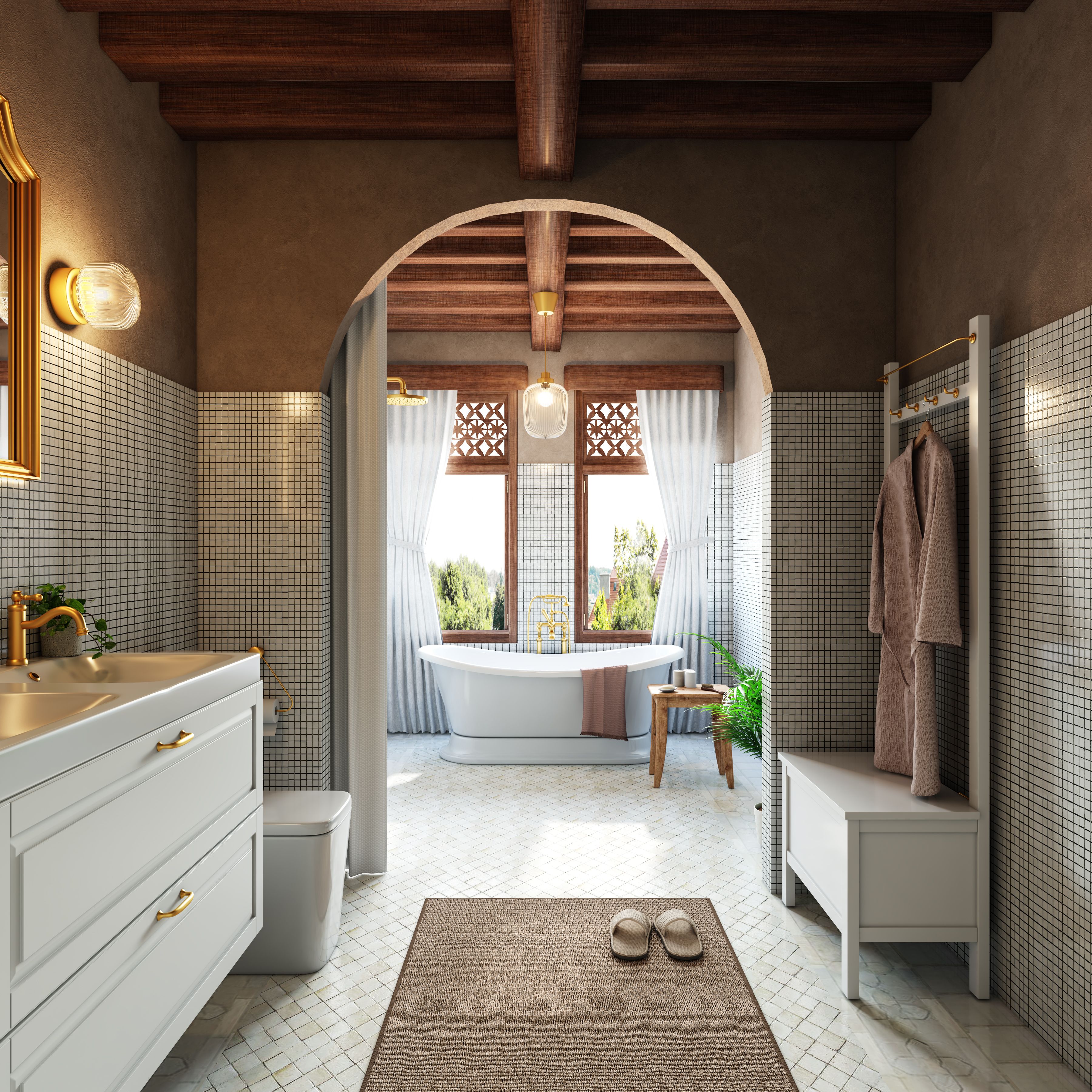 Brown Modern Bathroom Design With Wall-Mounted Vanity