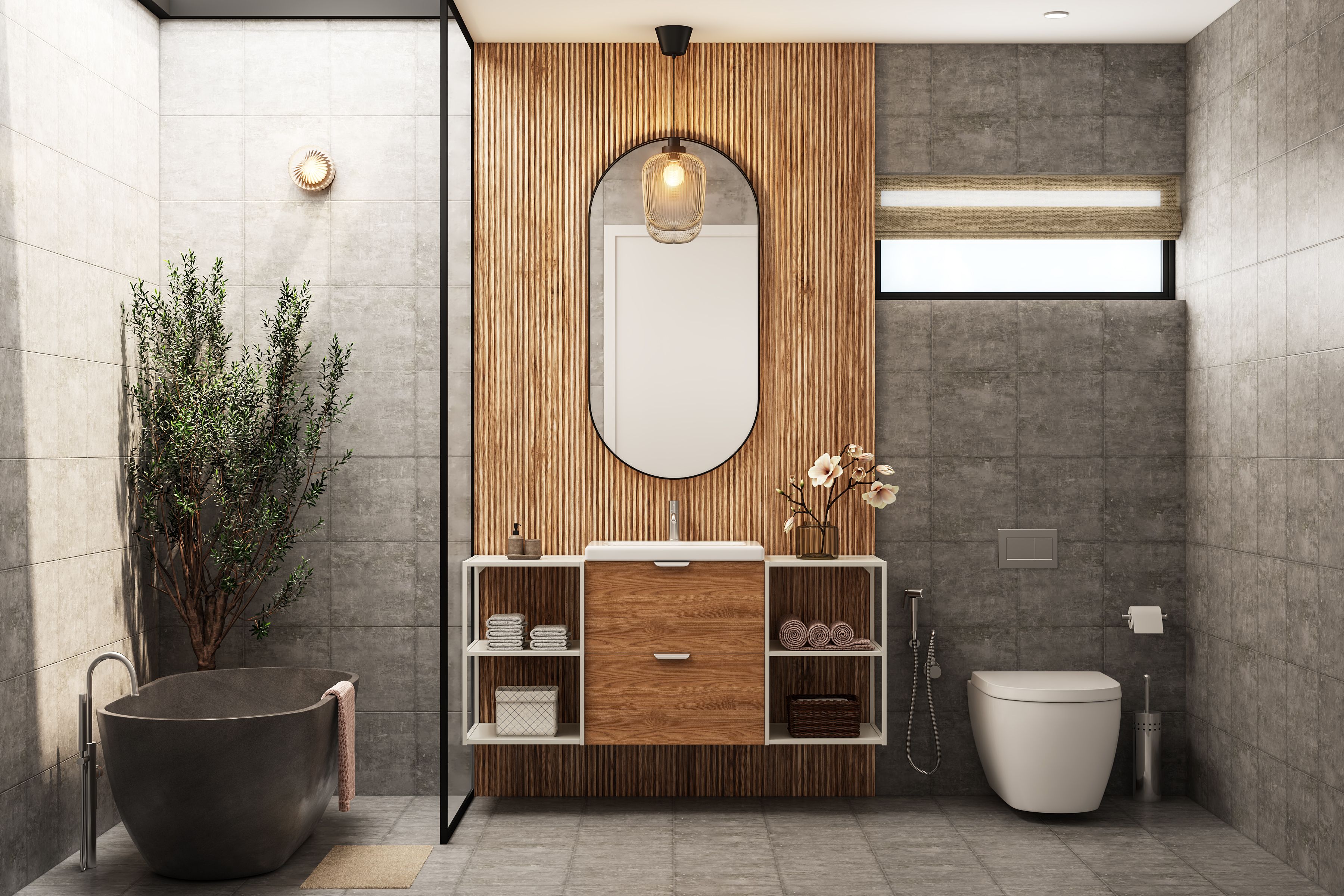 Minimal Bathroom Design With Black Bathtub