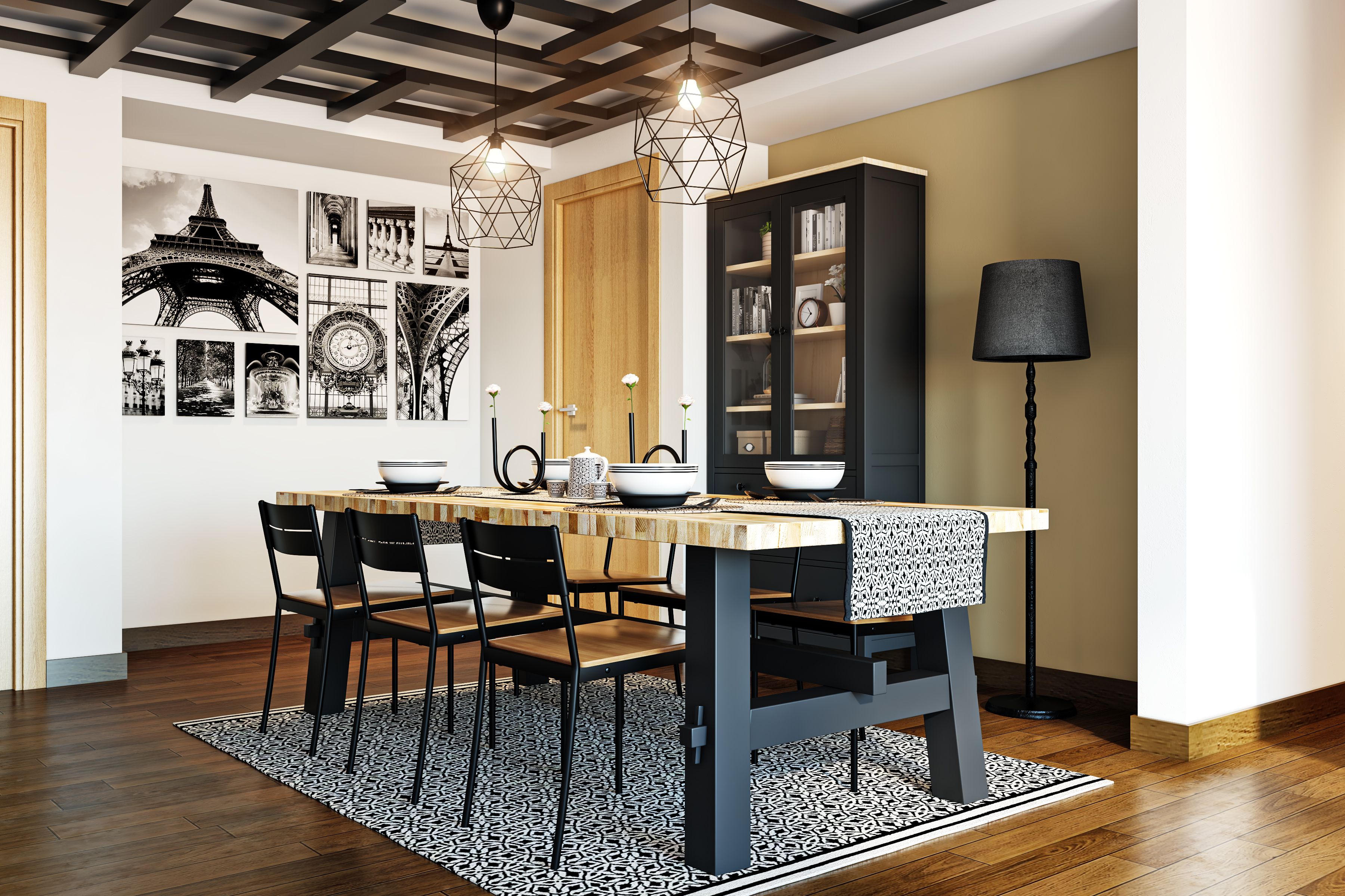 Modern Dining Room Design With Floor Lamp And Pendant Lights