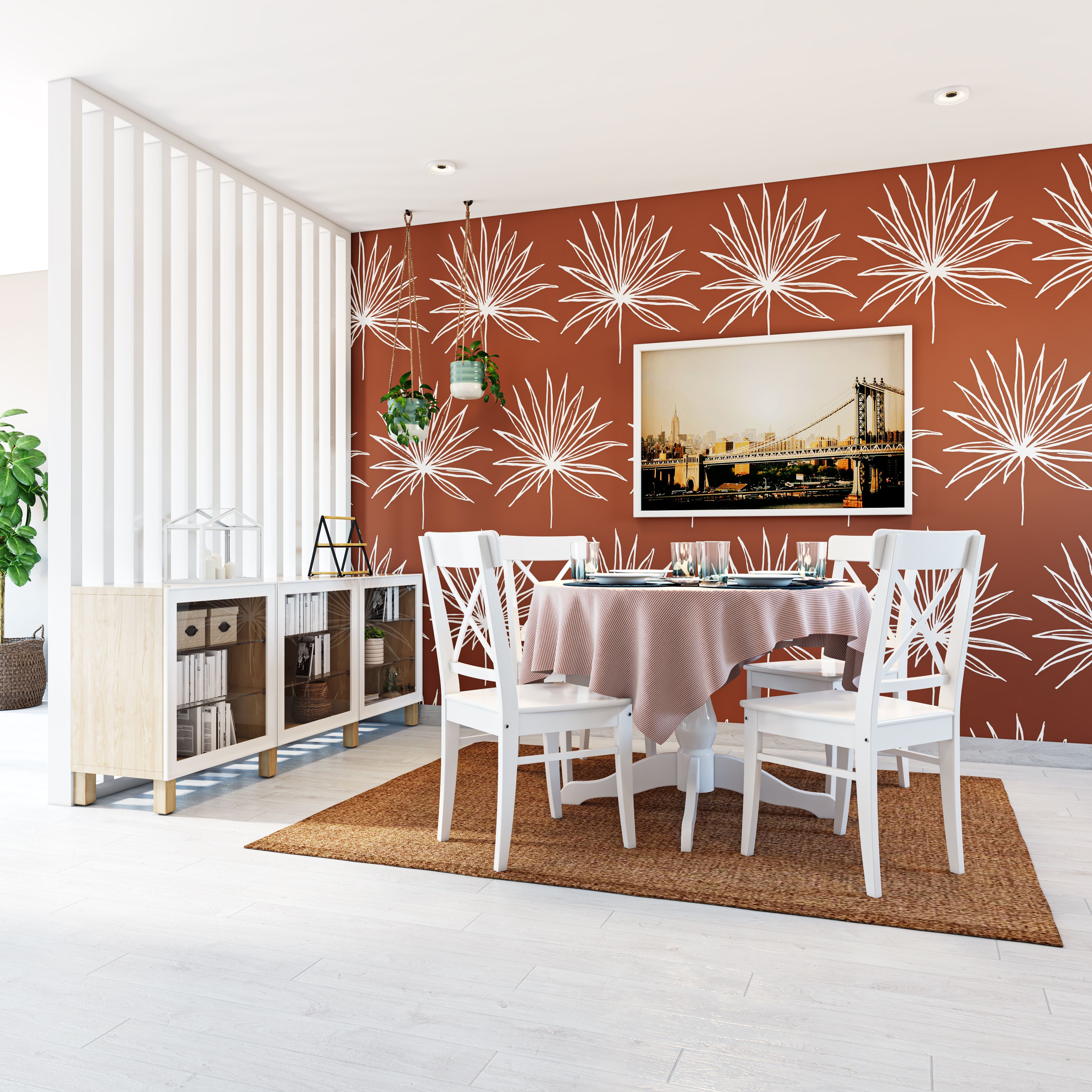 Contemporary Dining Room Design With Patterned Wall And Art Piece