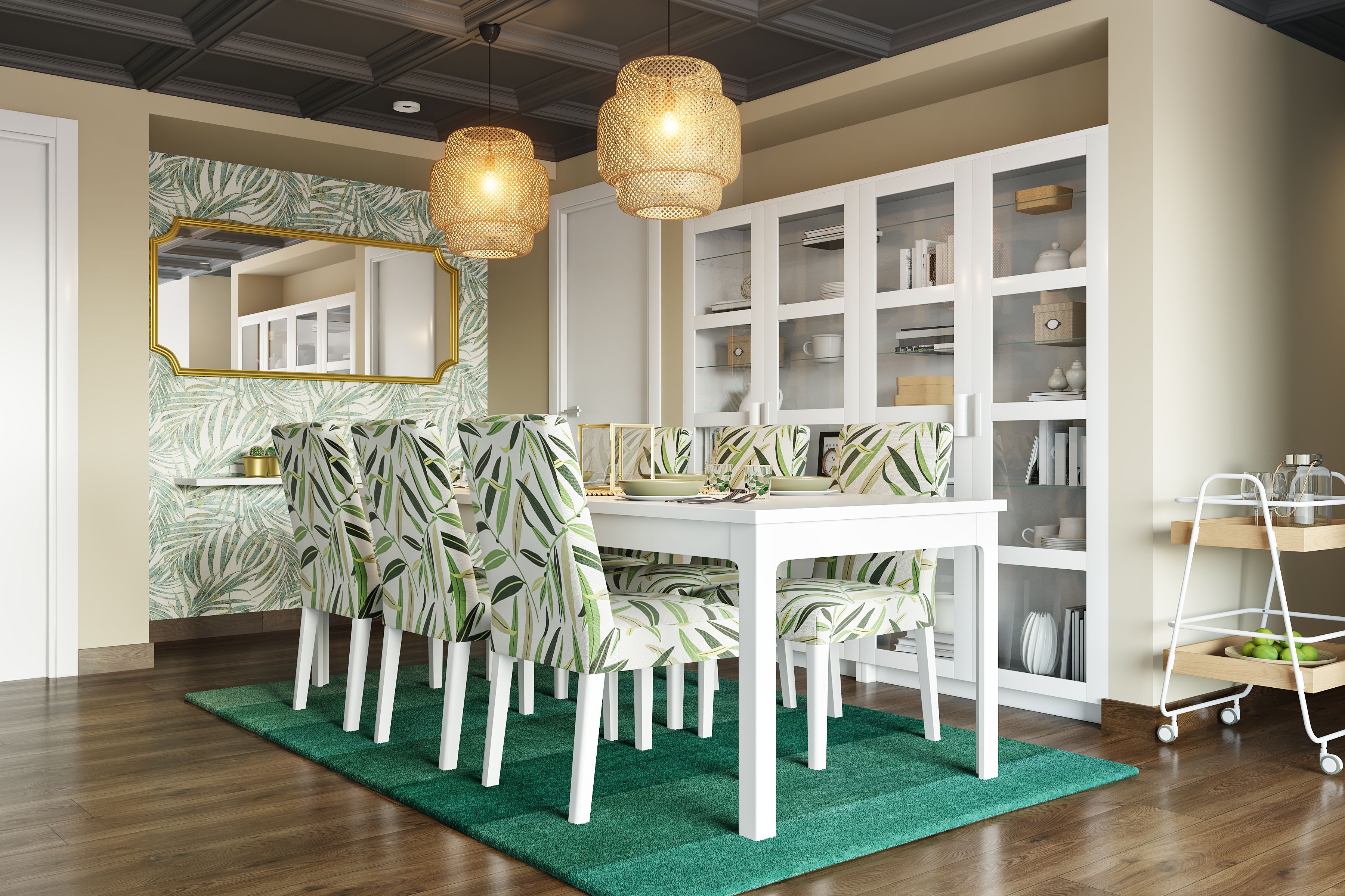 Contemporary Dining Room Design With Floral Chairs And Wallpaper