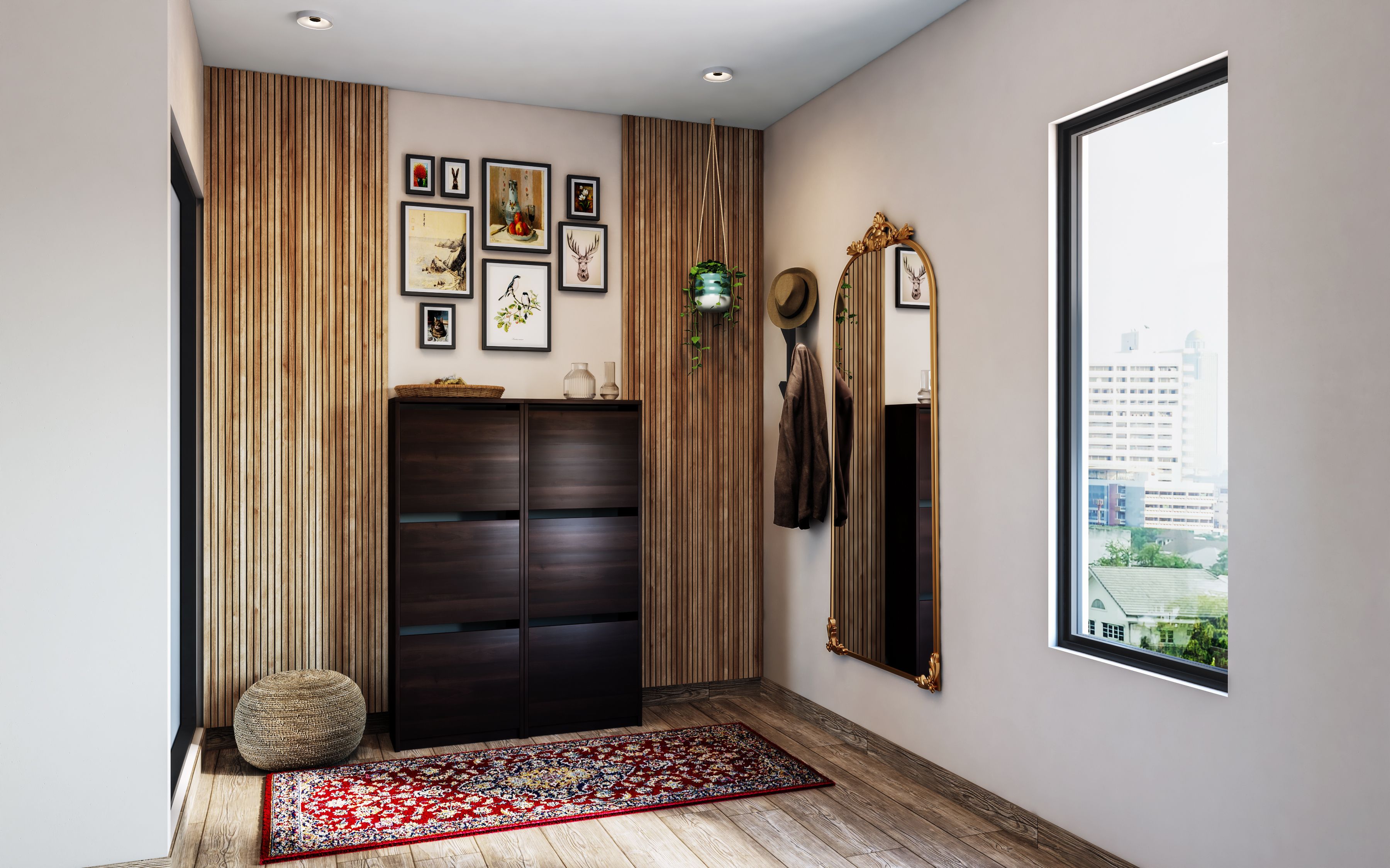 Wood Panels Minimal Foyer Design With Mirror