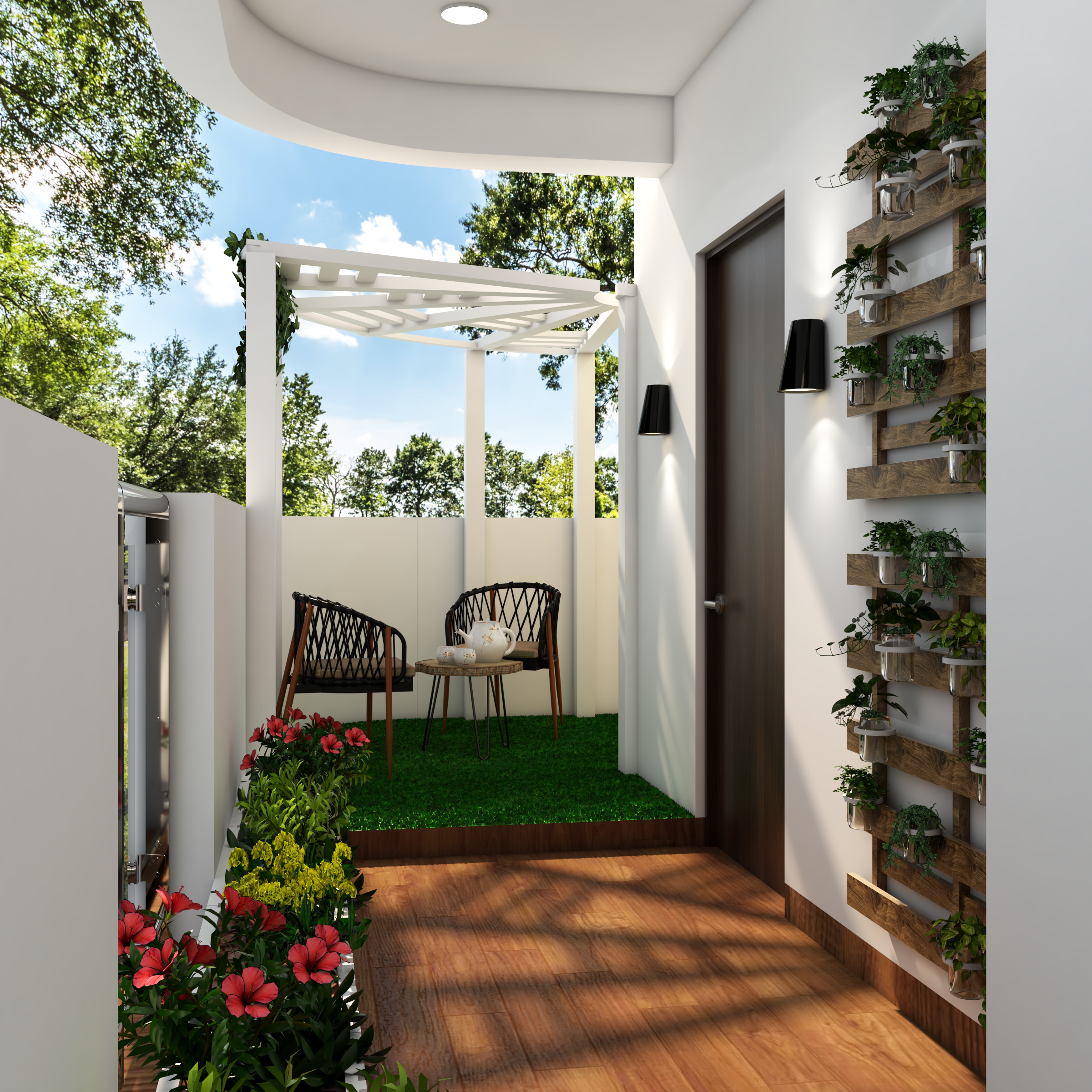 Modern Balcony Design With White Pergola And Wall-Mounted Planters