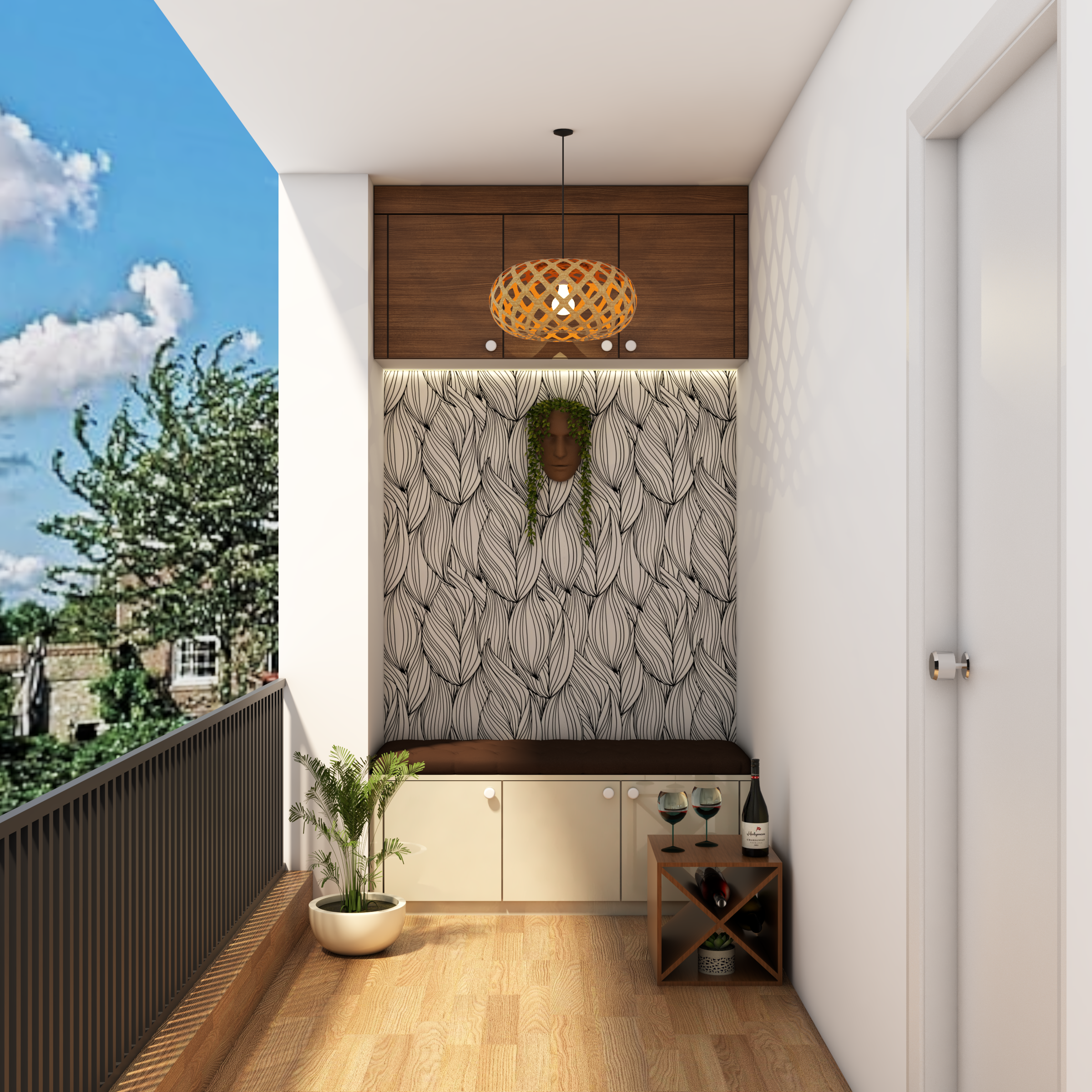 Compact Balcony Design With 3D Wallpaper And Wooden Storage