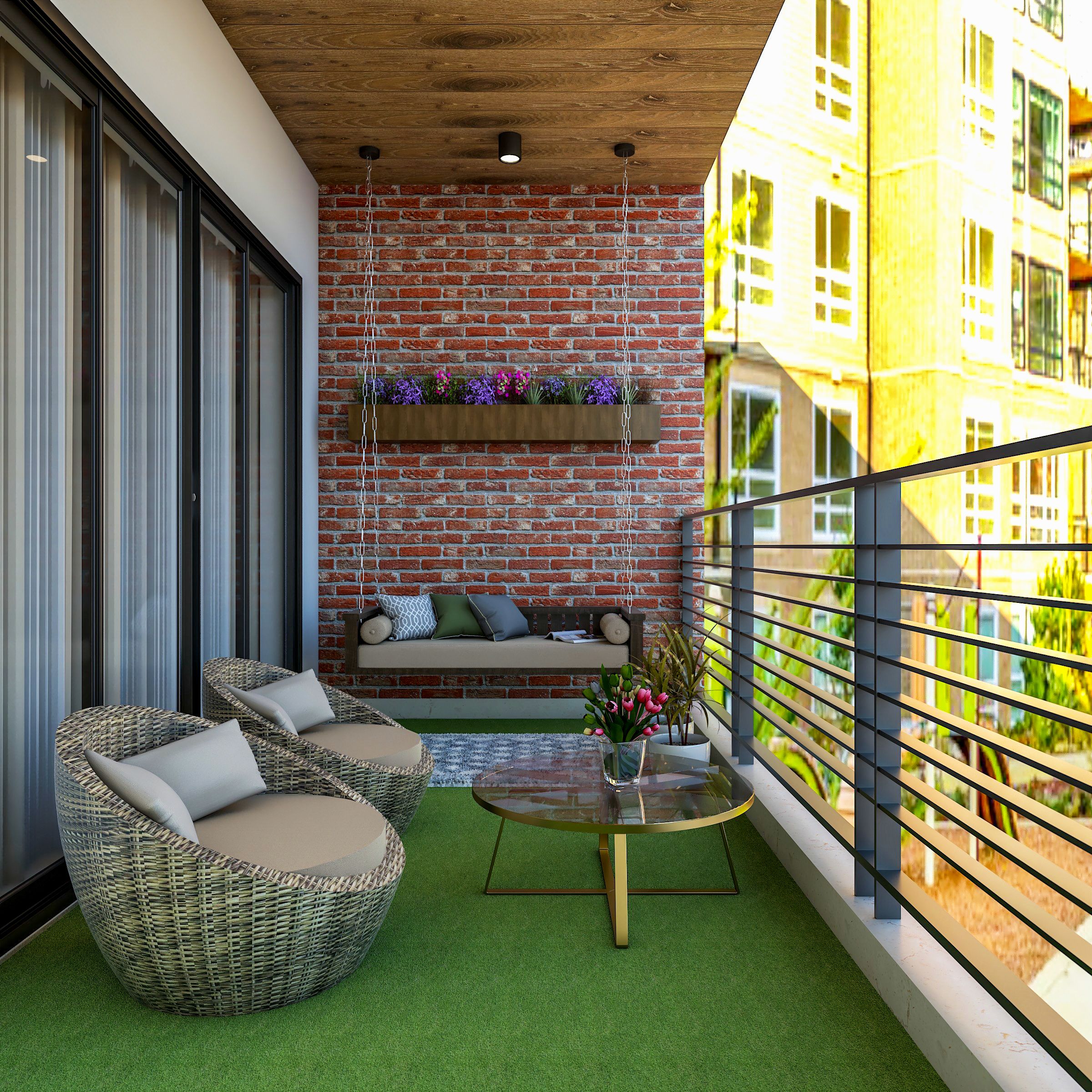 Contemporary Balcony Design With Red Brick Accent Wall