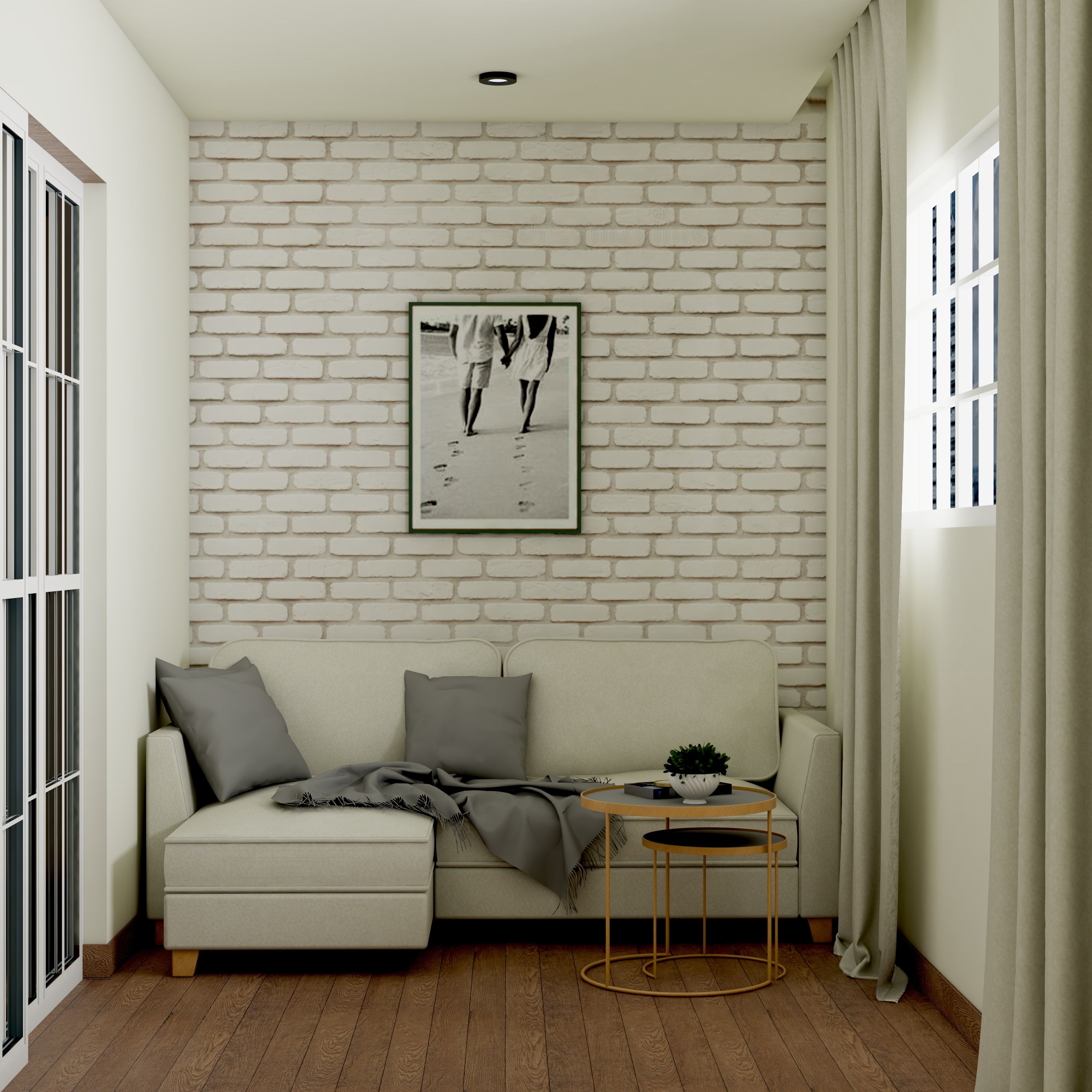 Modern Balcony Design With Open Brick Accent Wall And Beige Seater Livspace