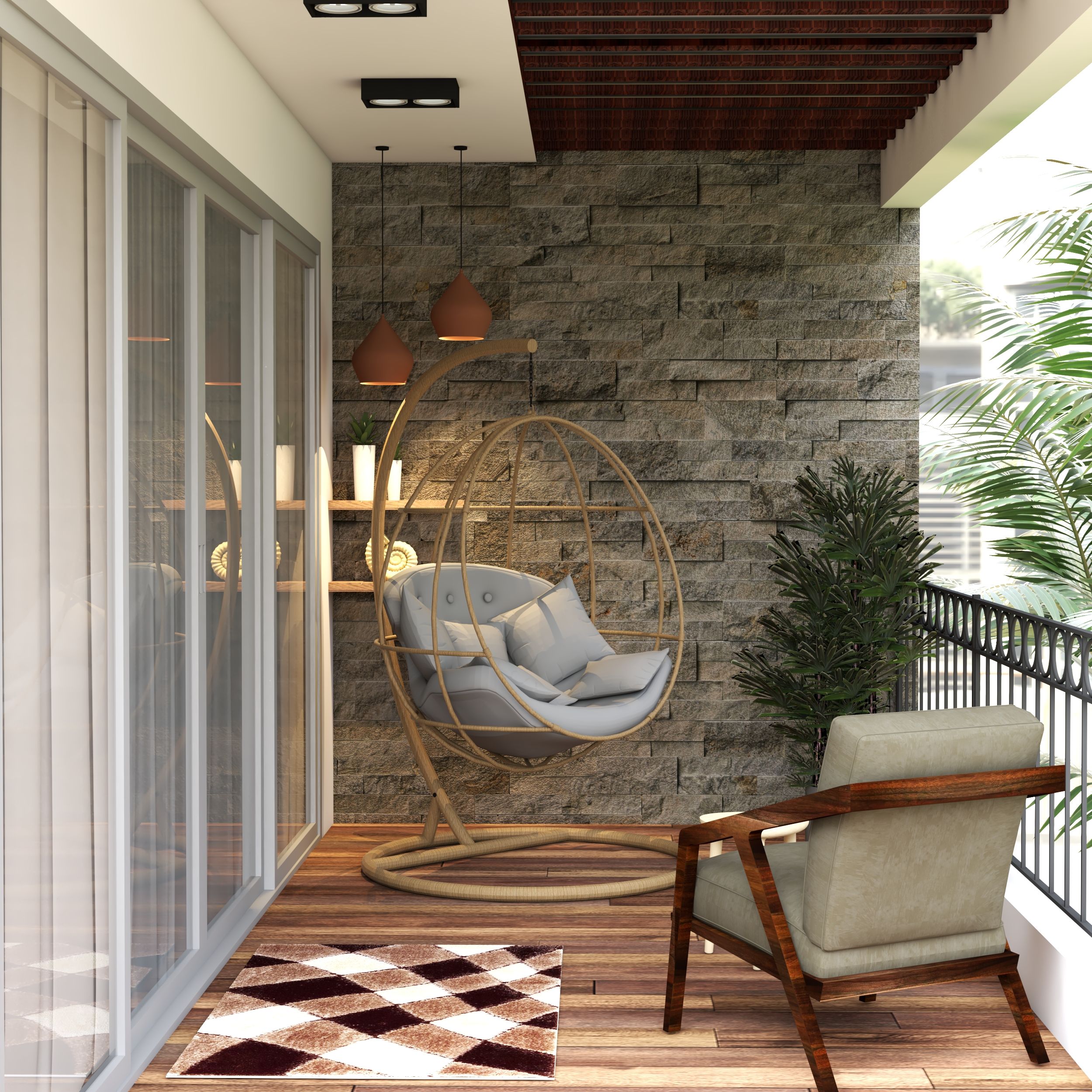 Modern Balcony Design With Stone Cladded Backdrop And Swing