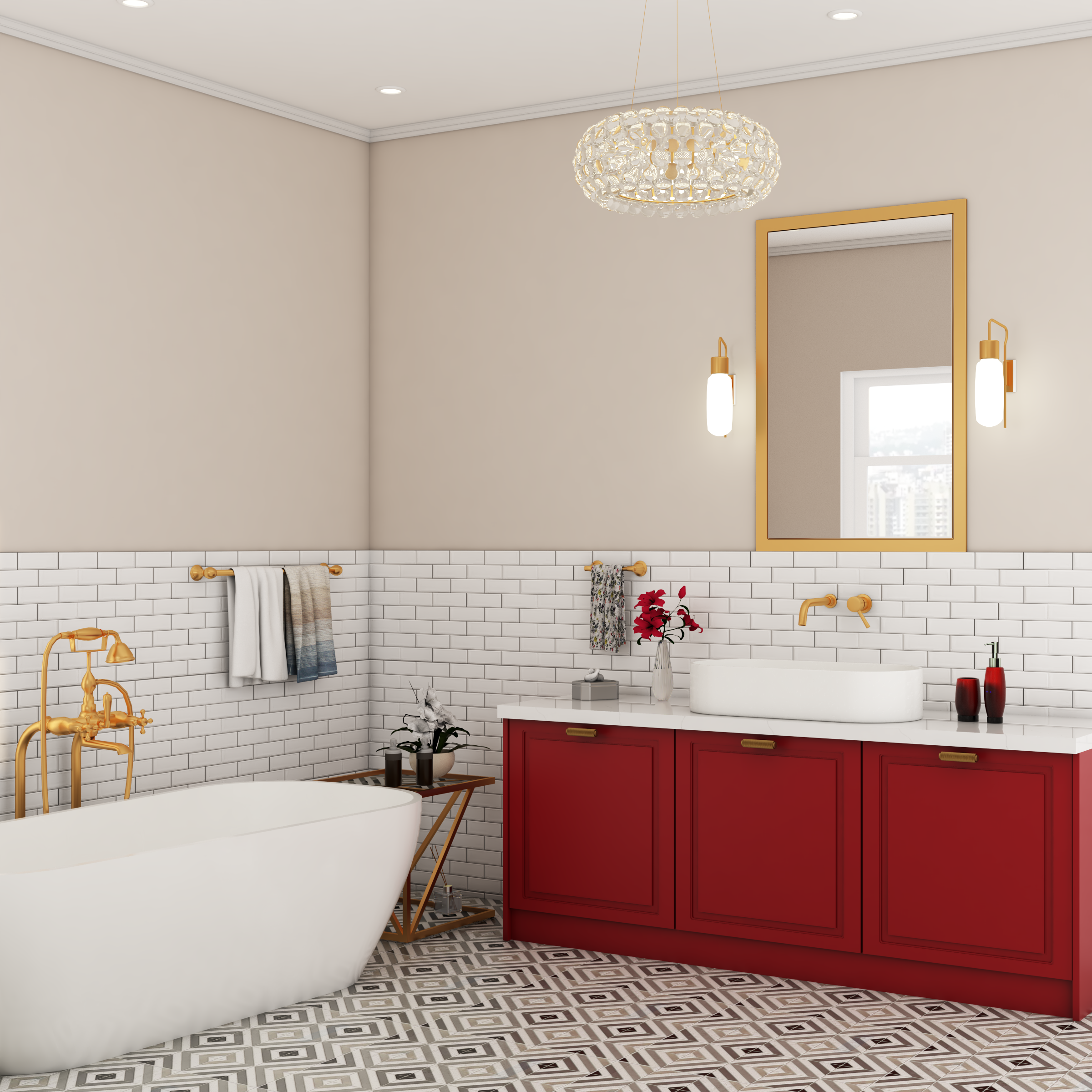 Classic Spacious Bathroom Design Idea With Red Cabinet