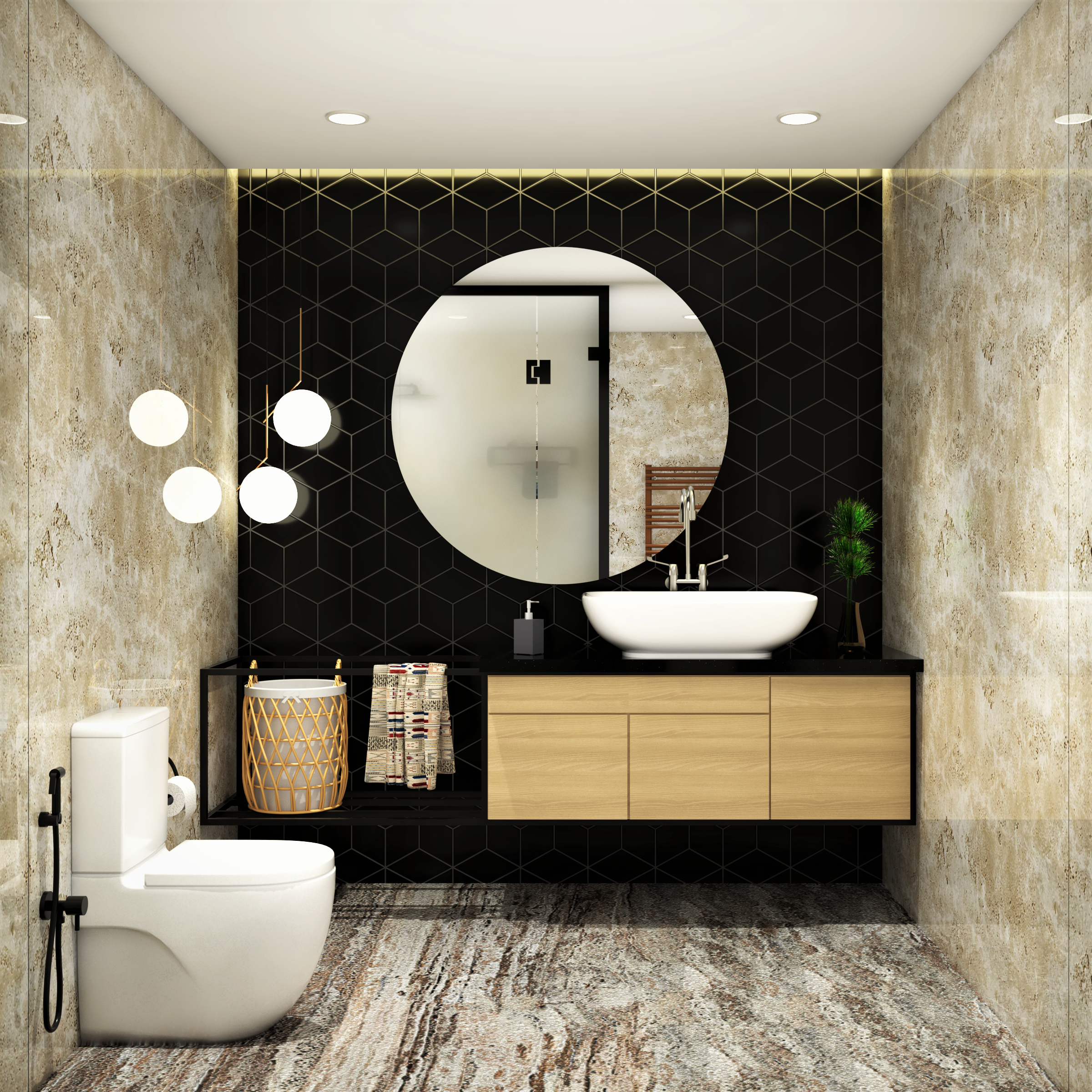 Modern Spacious Bathroom Design With Round Mirror