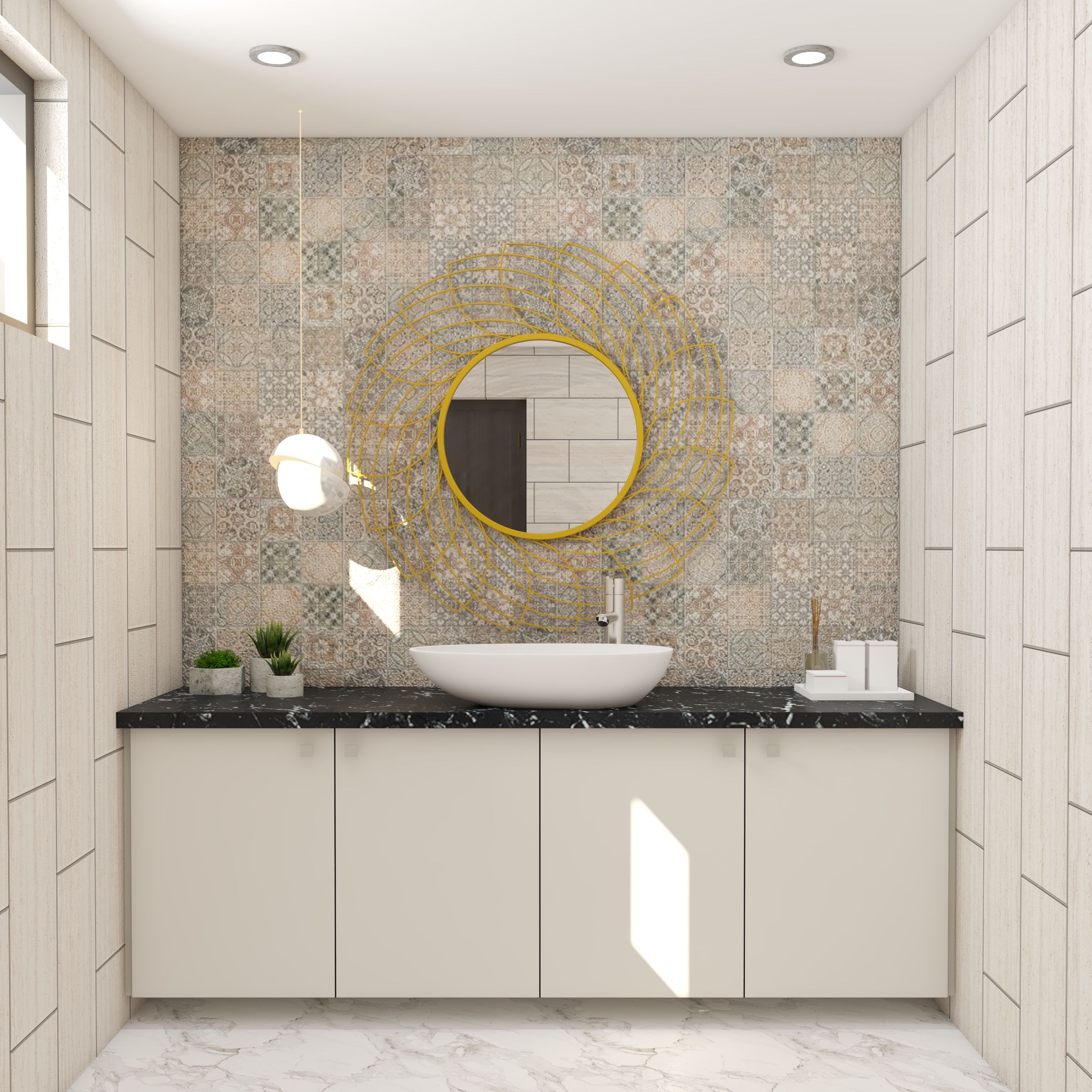 Contemporary Bathroom Design With Neutral Coloured Wall Tiles And Large ...