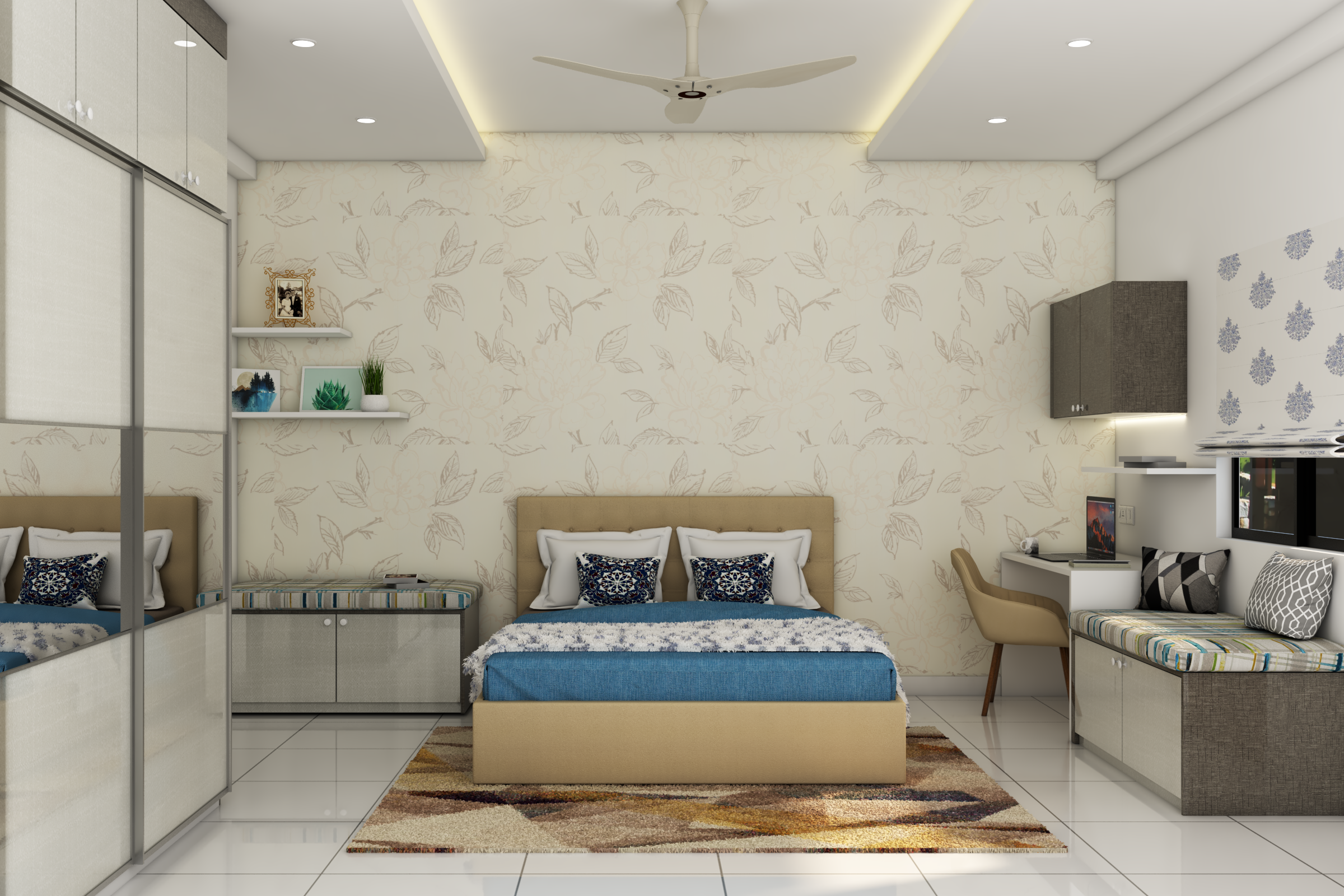 Contemporary Master Bedroom Design With Desk And Floral Wallpaper