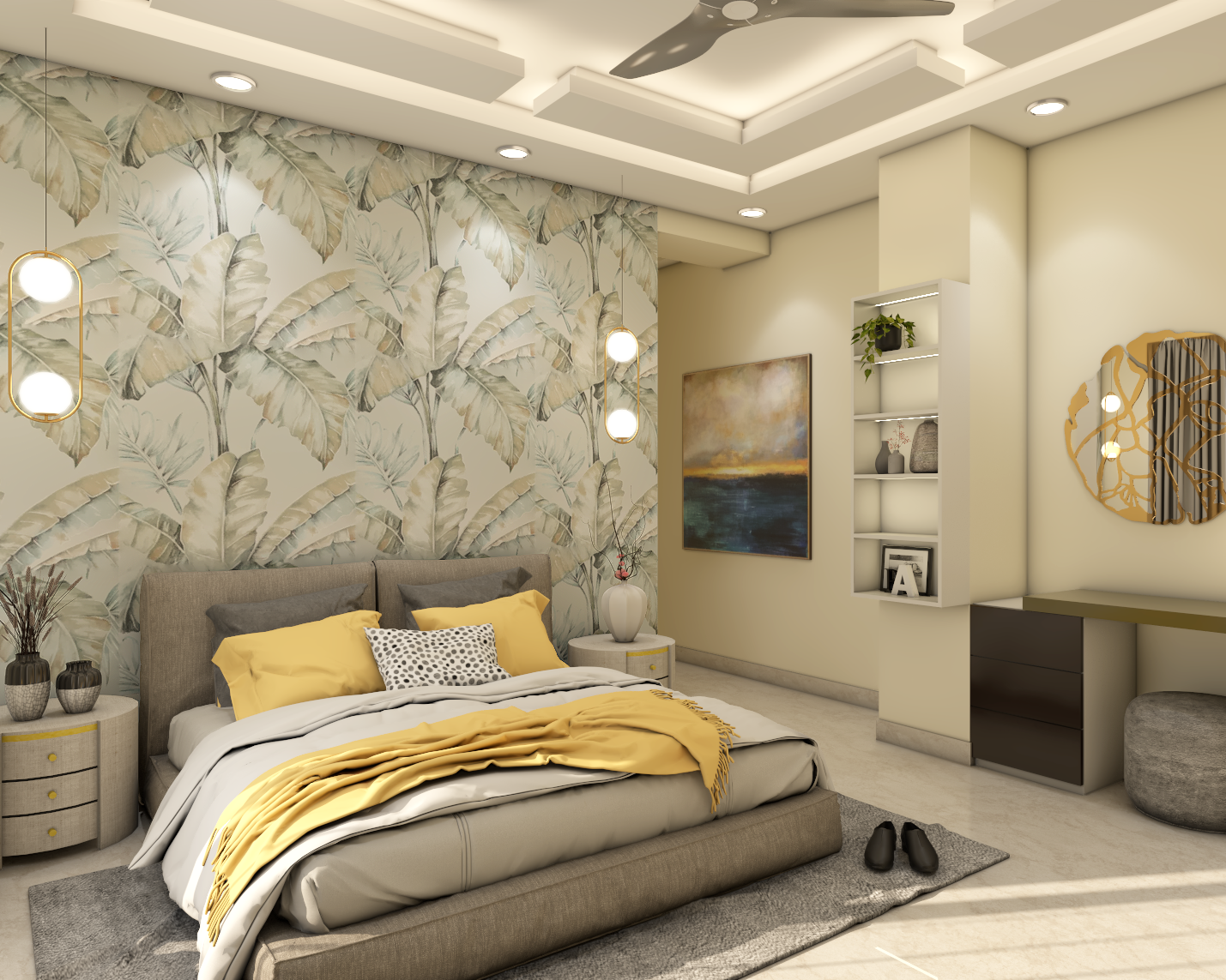 Modern Bedroom Design With Grey Platform Bed And Nature-Inspired ...