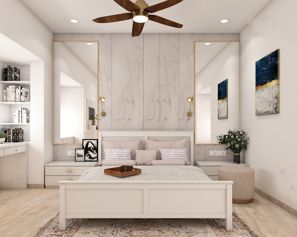 White Spacious Master Bedroom Design With Mirror Panels | Livspace