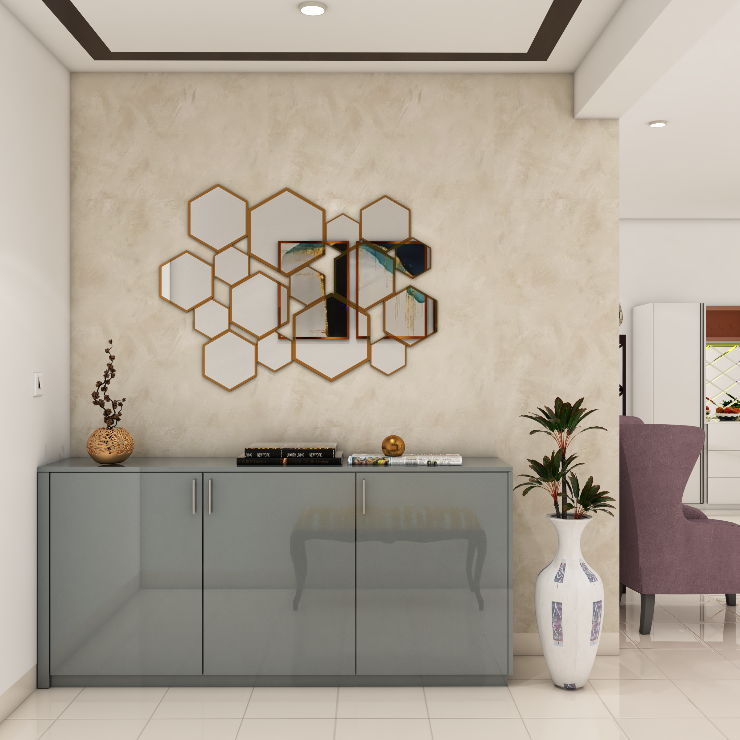 Modern Foyer Design With Grey Storage Unit And Hexagonal Wall Mirrors