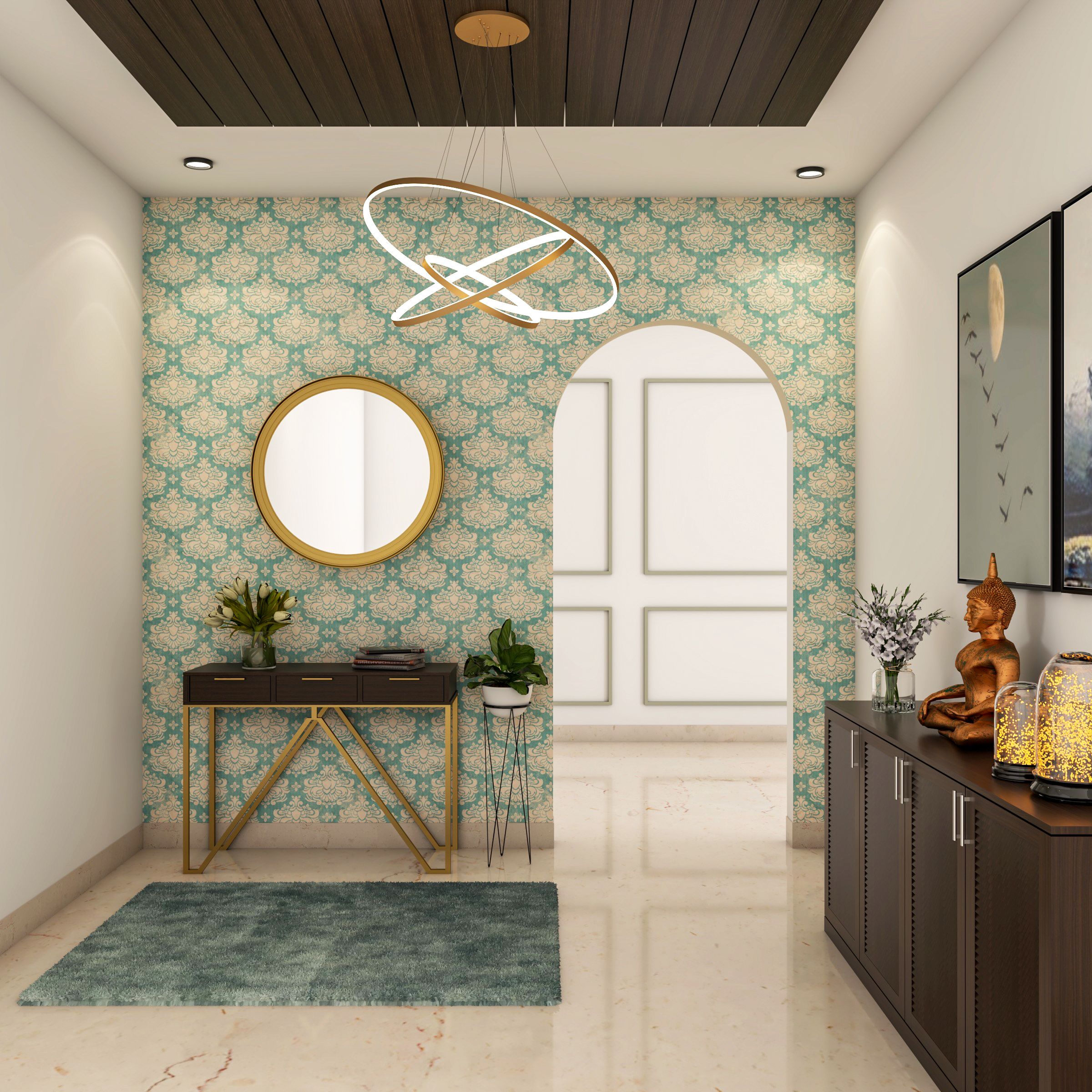 Modern Foyer Design With Wooden Cabinets And Patterned Wallpaper