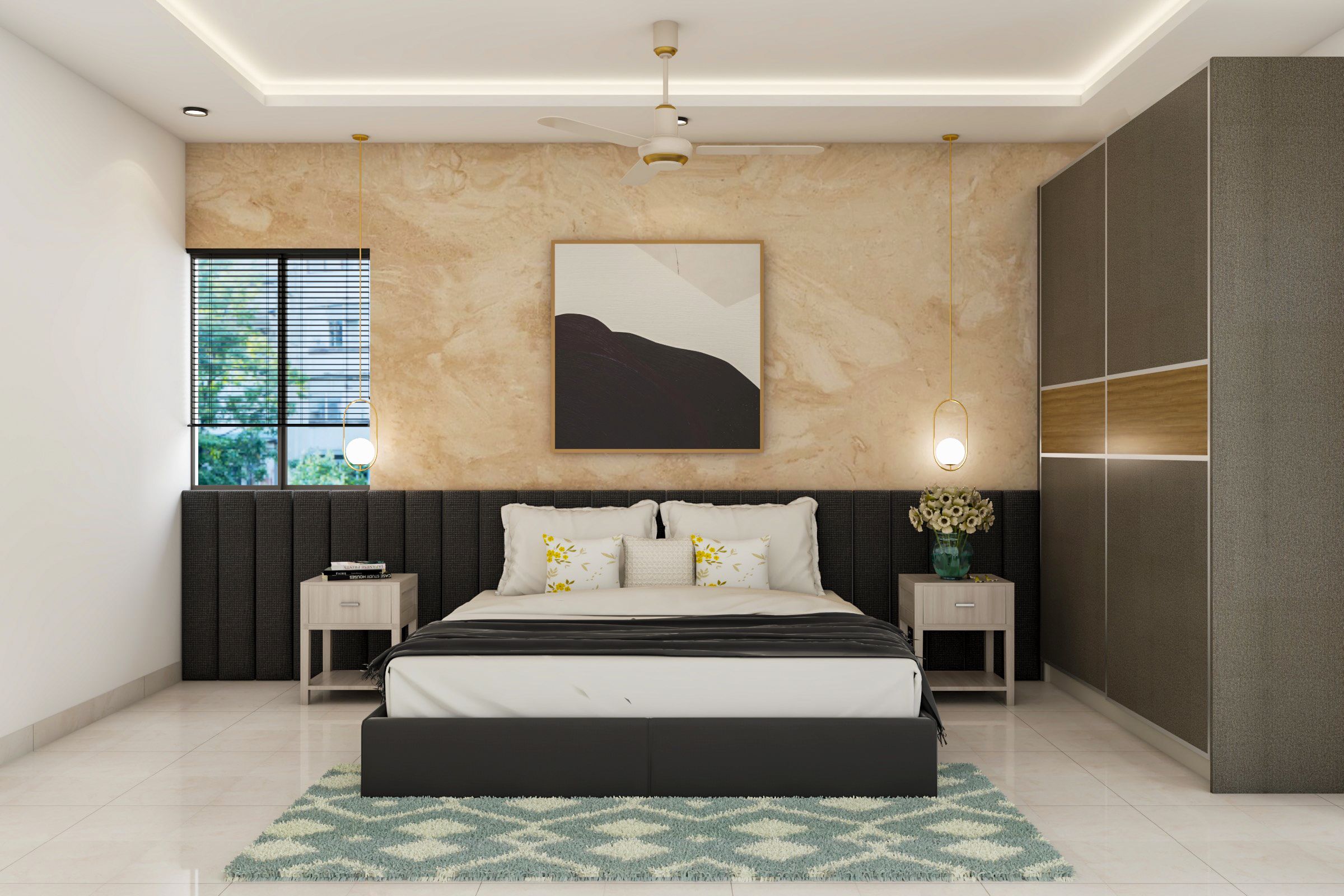 Modern Bedroom Design With Dark Shades And Wooden Sliding Wardrobe