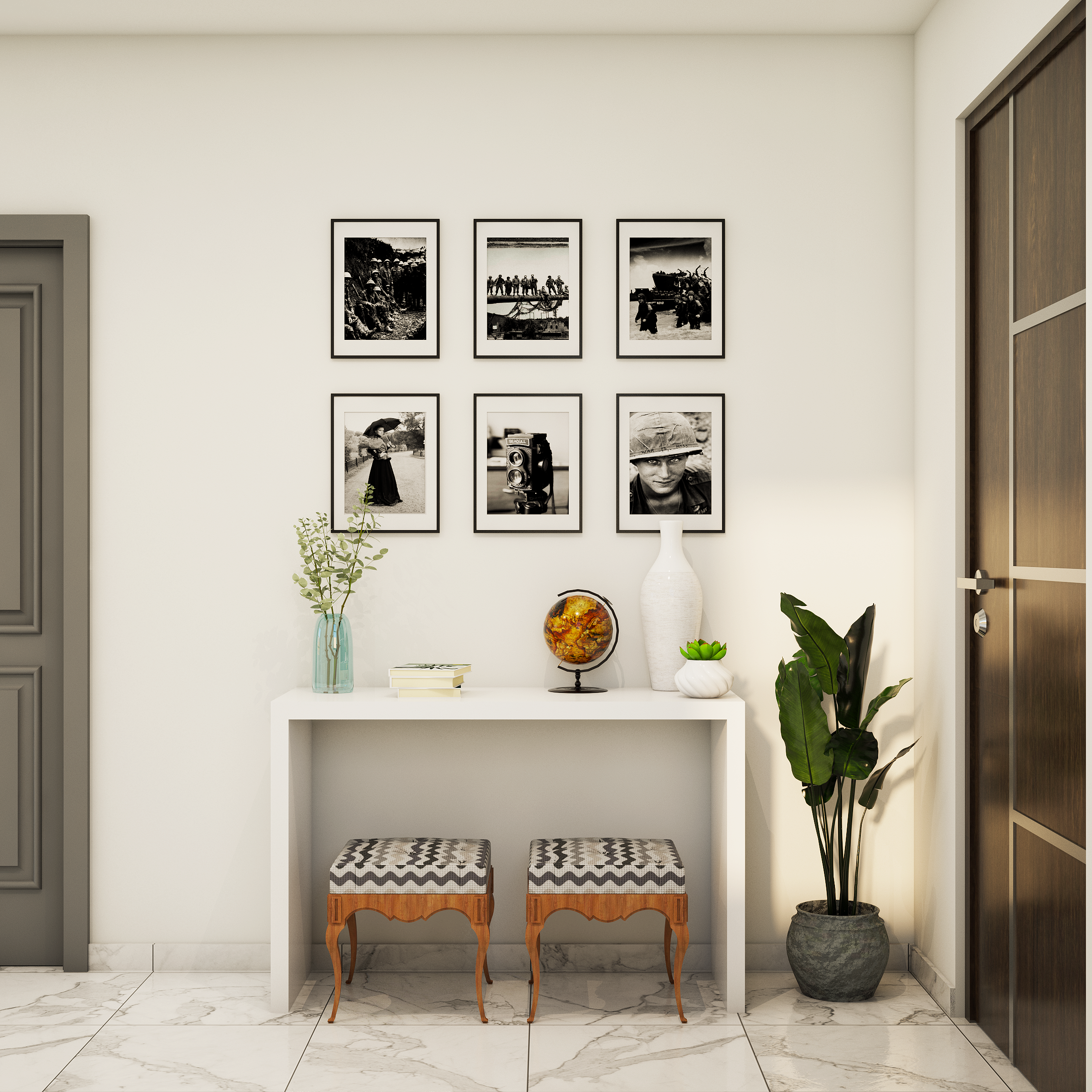 Spacious Neutral-Themed Foyer Design With Photo Frames