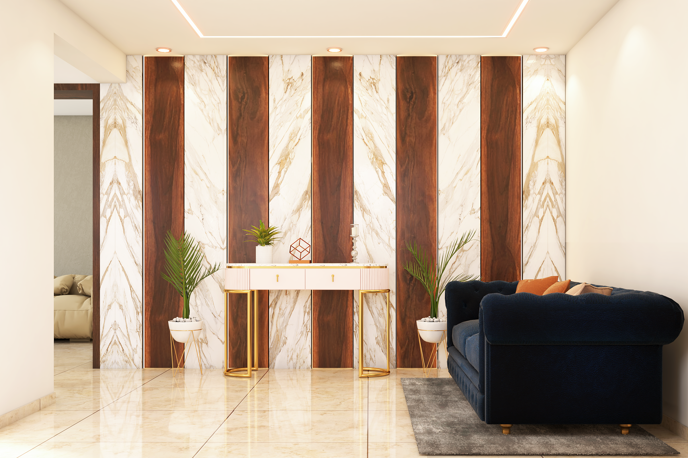 Classic Foyer Design With Marble And Wood Paneled Wall