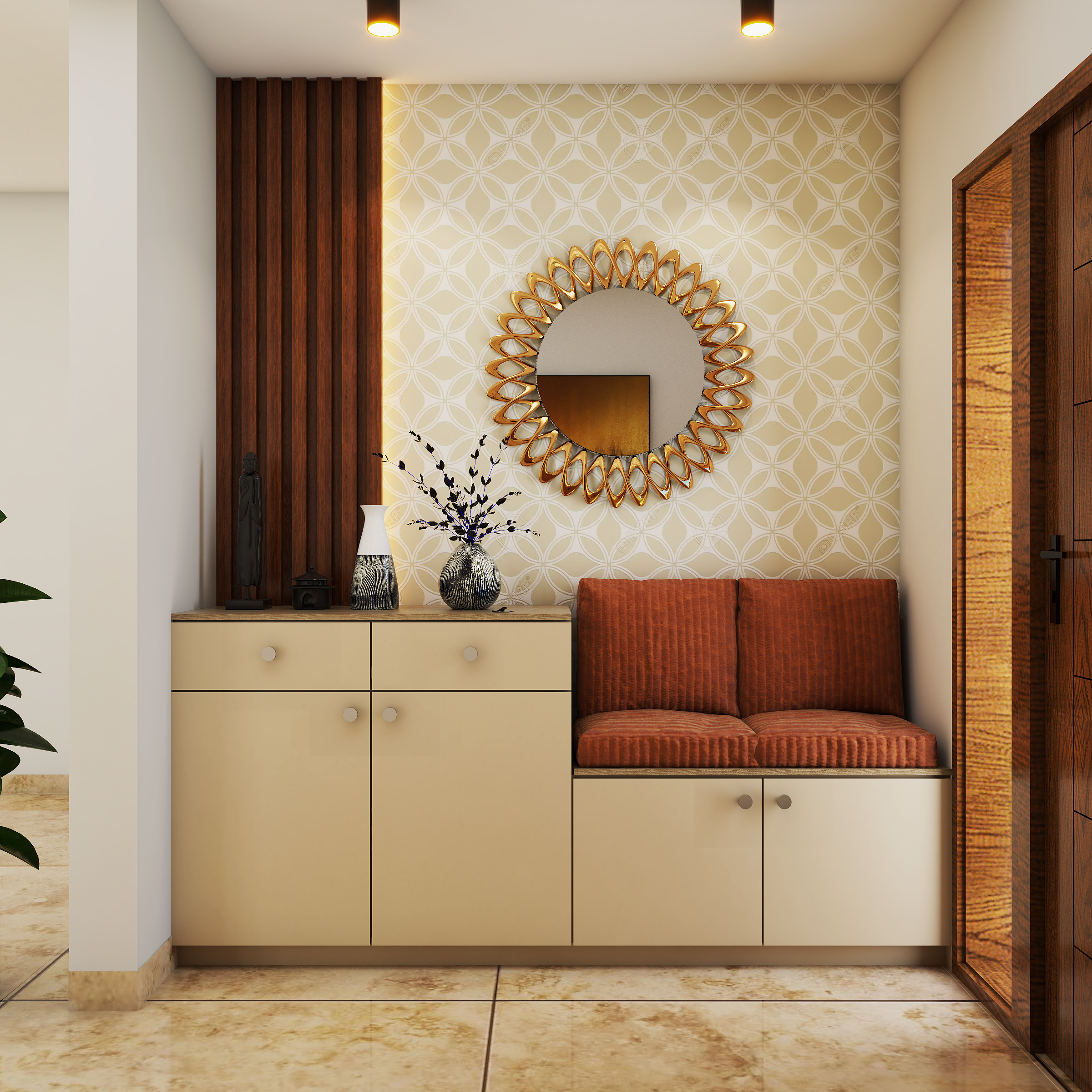 Contemporary Brown-Themed Foyer Design With Wallpaper And Laminated Cabinets