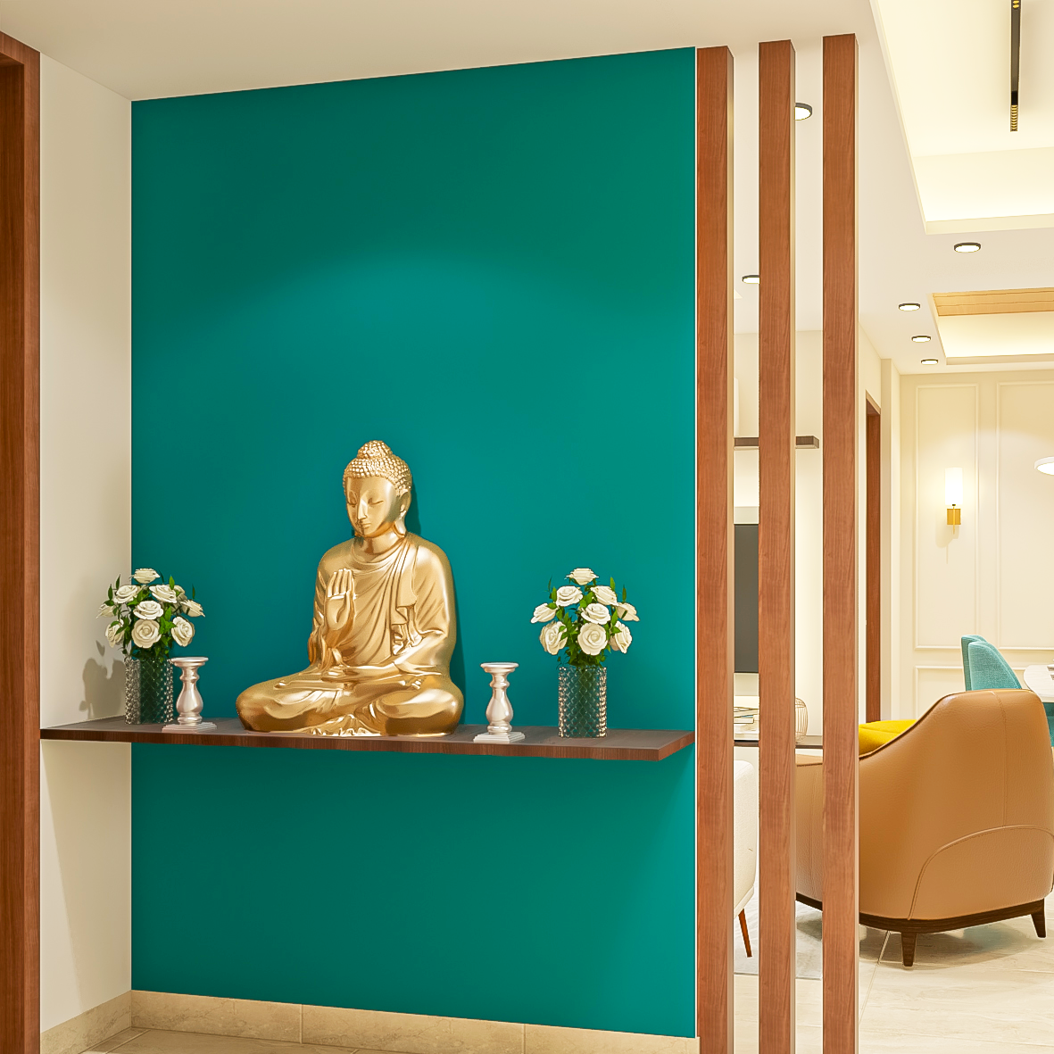 Cyan Modern Foyer Design With Buddha Statue | Livspace