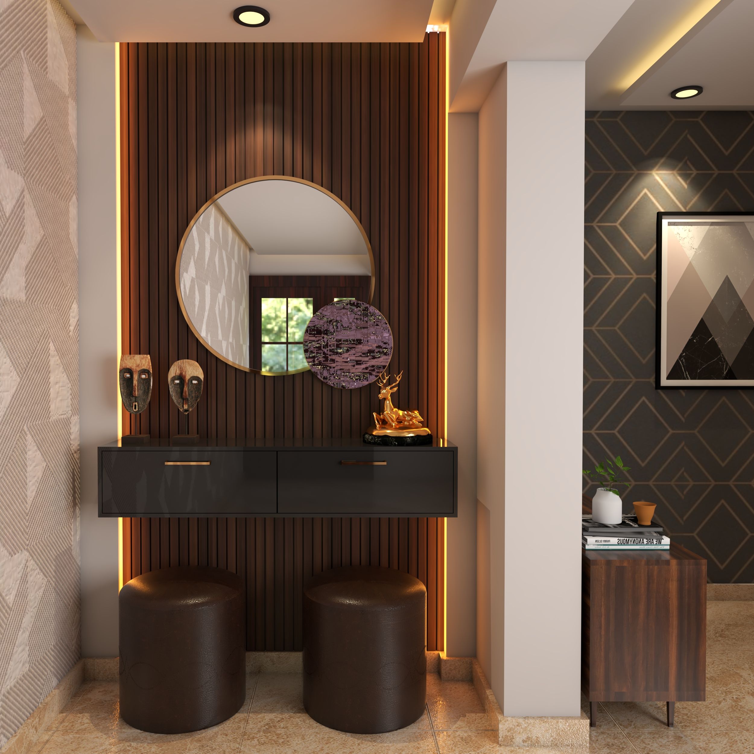 Compact Foyer Design With Circular Mirror And Dark Brown Panels