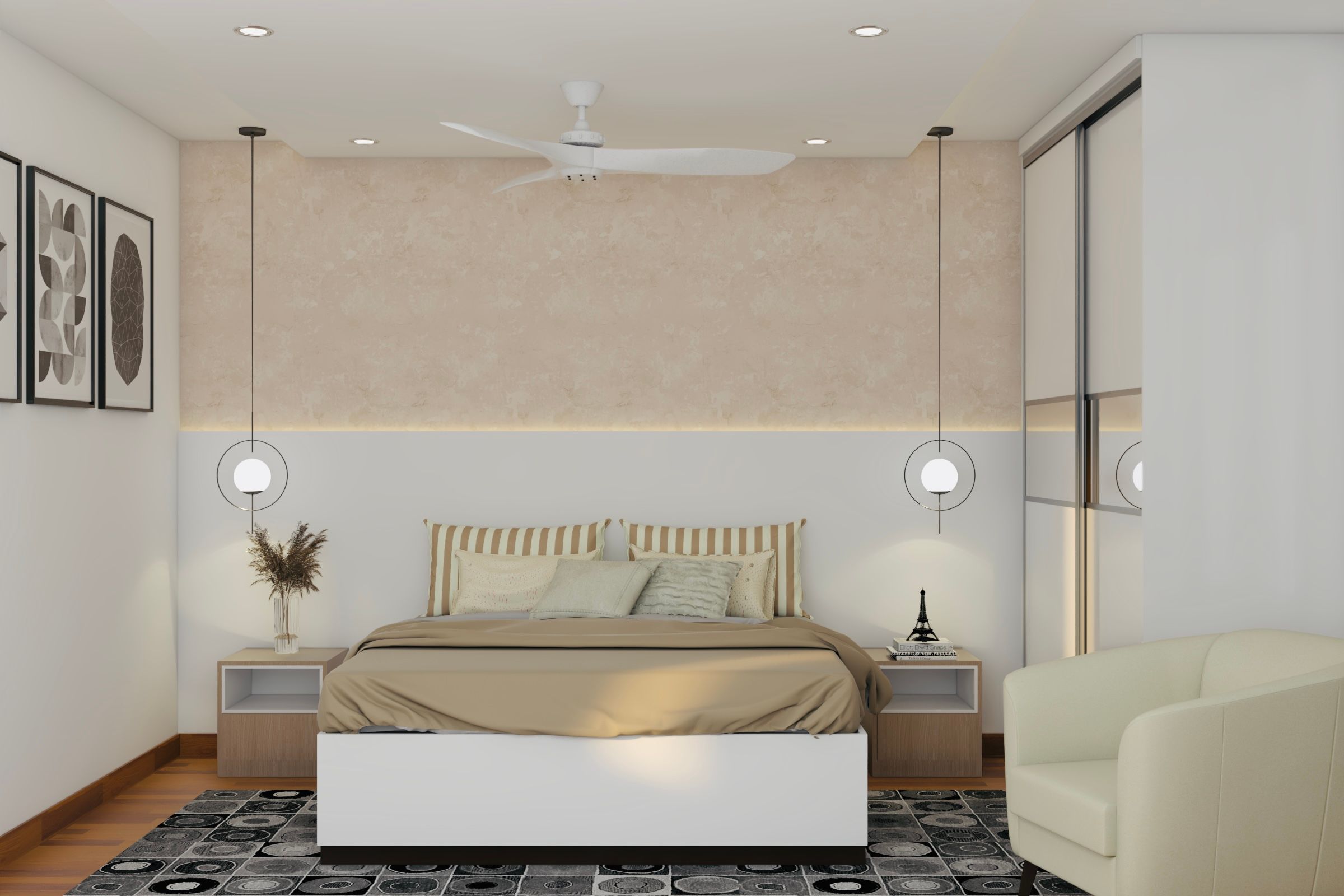 Modern Guest Bedroom Design With Beige Coloured Wainscoting | Livspace