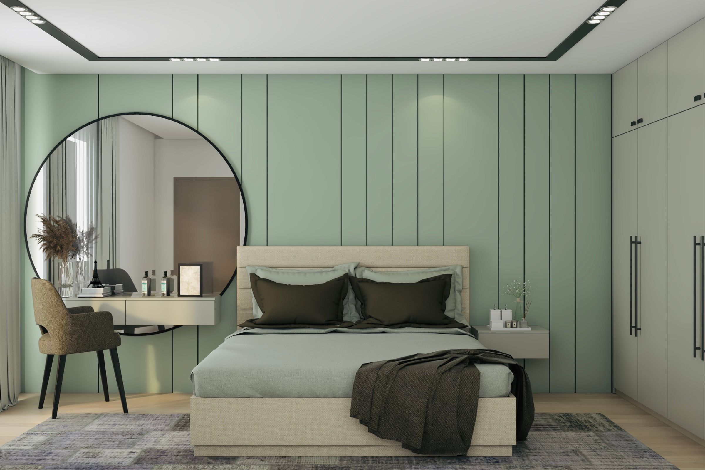 Contemporary Green Bedroom Wall Design With Grooves