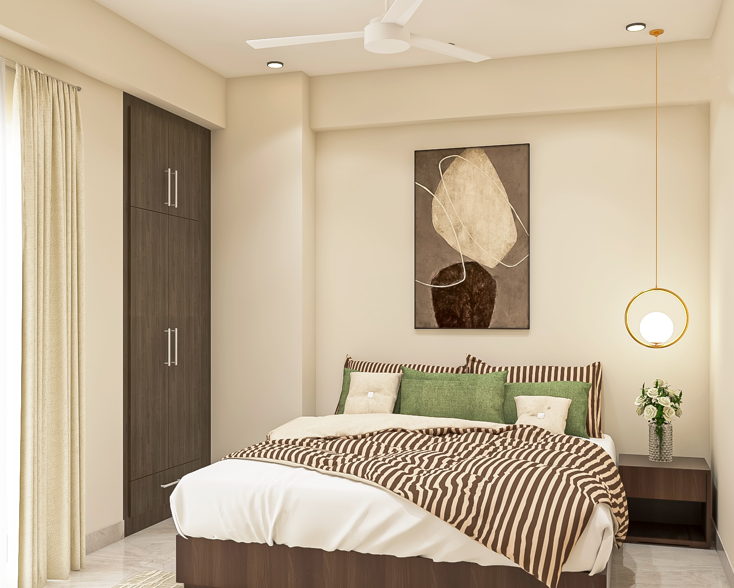 Beige and Green Modern Spacious Guest Room Interior Design