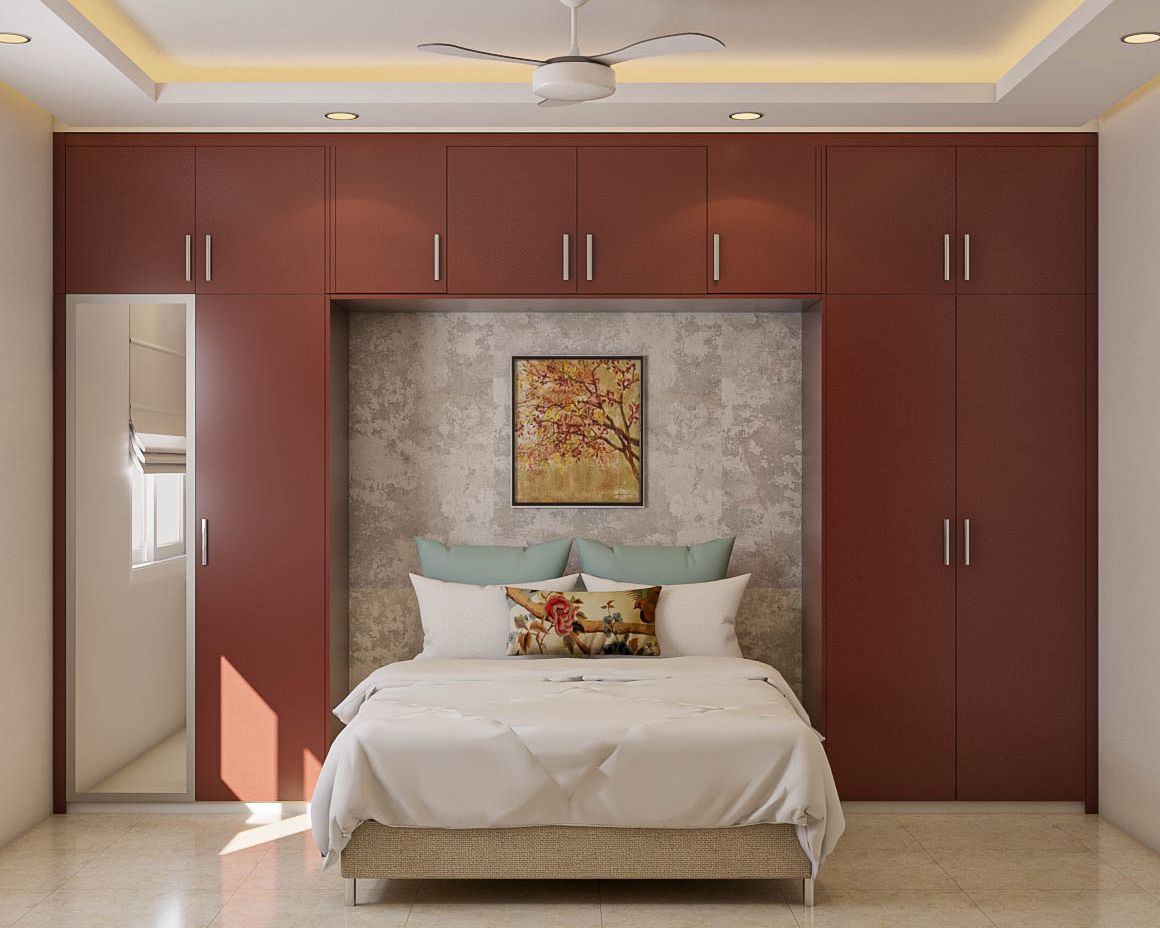 Modern Spacious Guest Room Design Idea With Ruby Wine Wardrobe